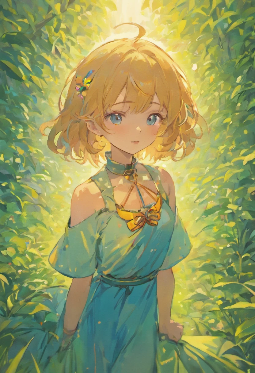 a girl wearing an anime collar, a long necklace and earrings, in the style of tranquil gardenscapes, colorful animation stills, masami teraoka, aquamarine, paul gauguin, Embry style, honest portrayal anime, chains, cute, m-shape legs, helpless, droll coming from the mouth, tongue poking out of mouth, wall, sun beaming on her