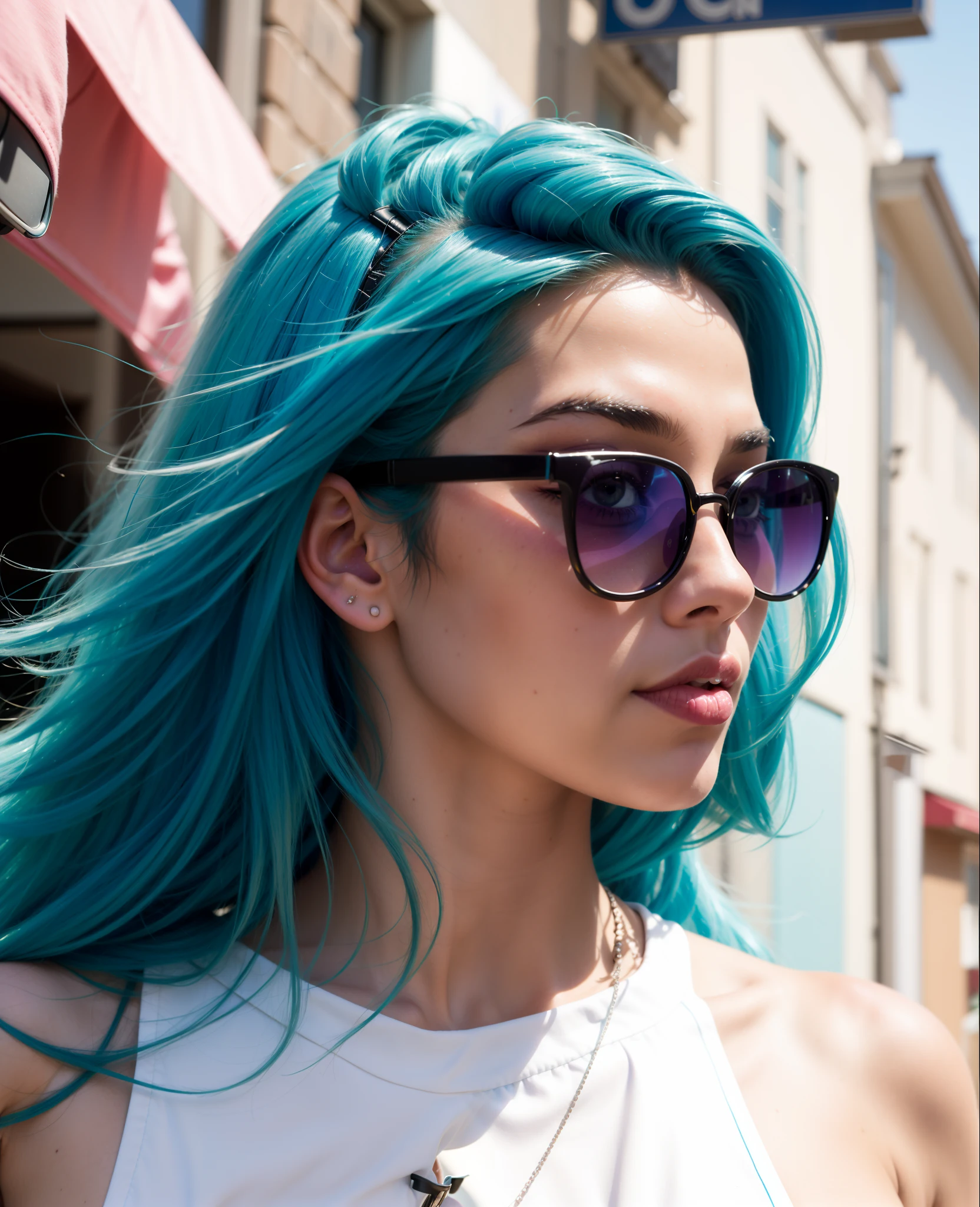 araffe with blue hair and sunglasses walking down a street, teal hair, turquoise hair, beautiful blue haired girl, girl with blue hair, with long turquoise hair, long azure blue hair, flowing blue hair, pretty girl with blue hair, blue hairstyle, with blue hair, wearing blue sunglasses, sky blue hair, straight sky blue hair, long cyan hair