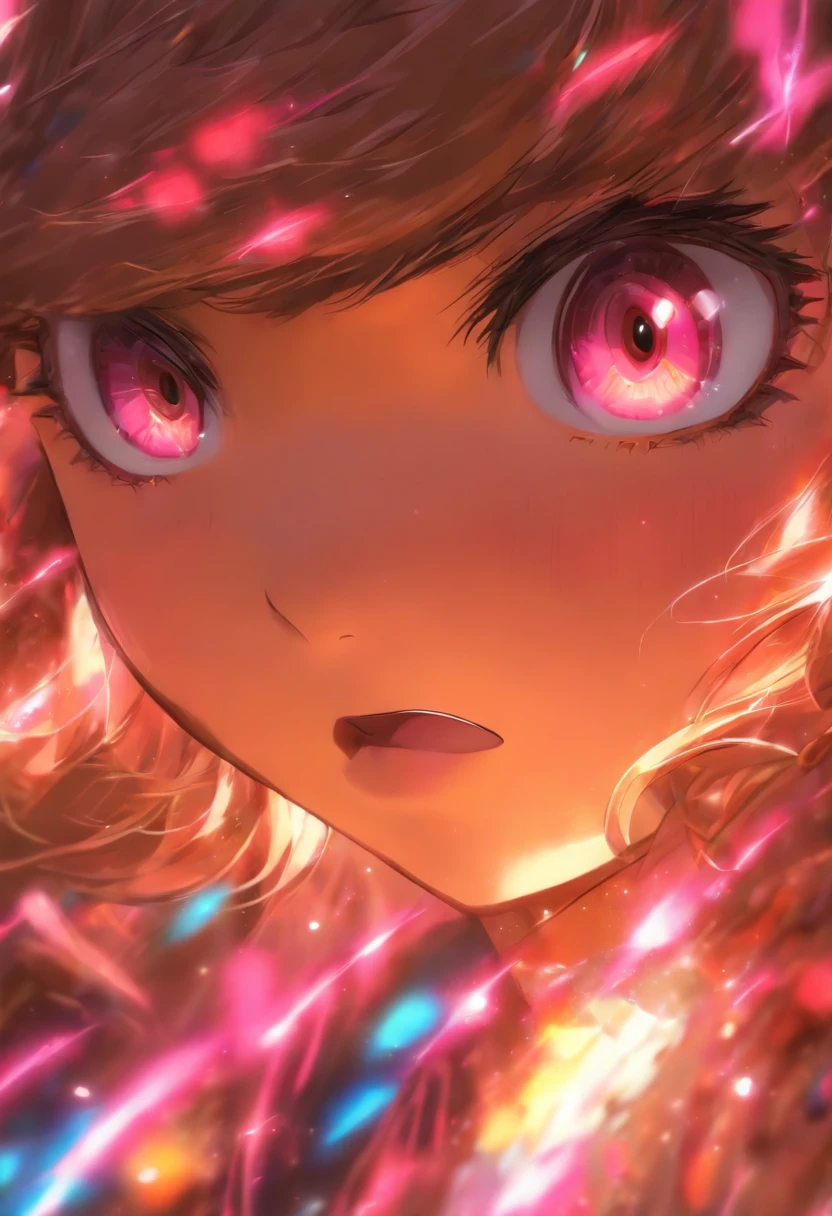 1girl, solo, female, medium skin, brown hair, medium hair, bangs, bear ears, pink eyes, multicolor eyes, hispanic