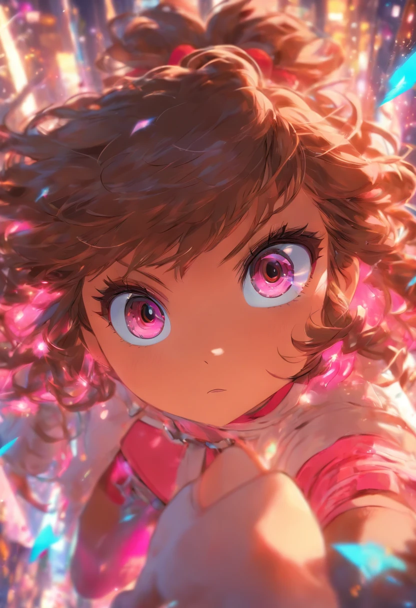 1girl, solo, female, medium skin, brown hair, medium hair, bangs, bear ears, pink eyes, multicolor eyes, hispanic