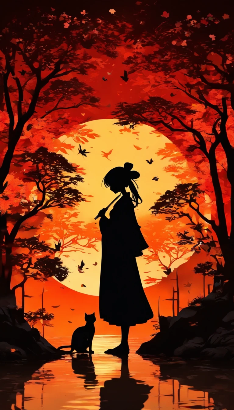 (Silhouette Art,cutouts:1.6)
(((Paper cutting art,A world where only black exists:1.3)
(Cowboy Shot),1 girl,Solo,
(Kimono Girl,profile:1.2),white, Clear and beautiful face,Black cat at feet、Full Moon Behind
break
(Colored leaves、amarelo Red:6.1)
Textured glass background,