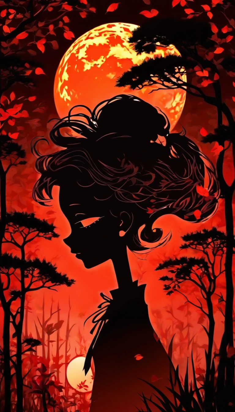 (Silhouette Art,cutouts:1.6)
(((Paper cutting art,A world where only black exists:1.3)

(Cowboy Shot),1 girl,Solo,
(Kimono Girl,profile:1.2),white, Clear and beautiful face,Black cat at feet、Full Moon Behind

break
(Colored leaves、amarelo　Red:6.1)
Textured glass background,