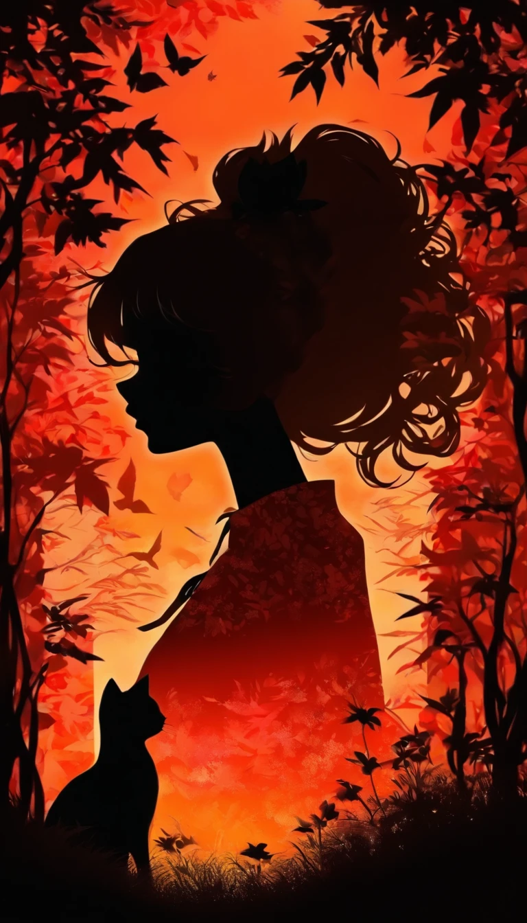 (Silhouette Art,cutouts:1.6)
(((Paper cutting art,A world where only black exists:1.3)
(Cowboy Shot),1 girl,Solo,
(Kimono Girl,profile:1.2),white, Clear and beautiful face,Black cat at feet、Full Moon Behind
break
(Colored leaves、amarelo Red:6.1)
Textured glass background,