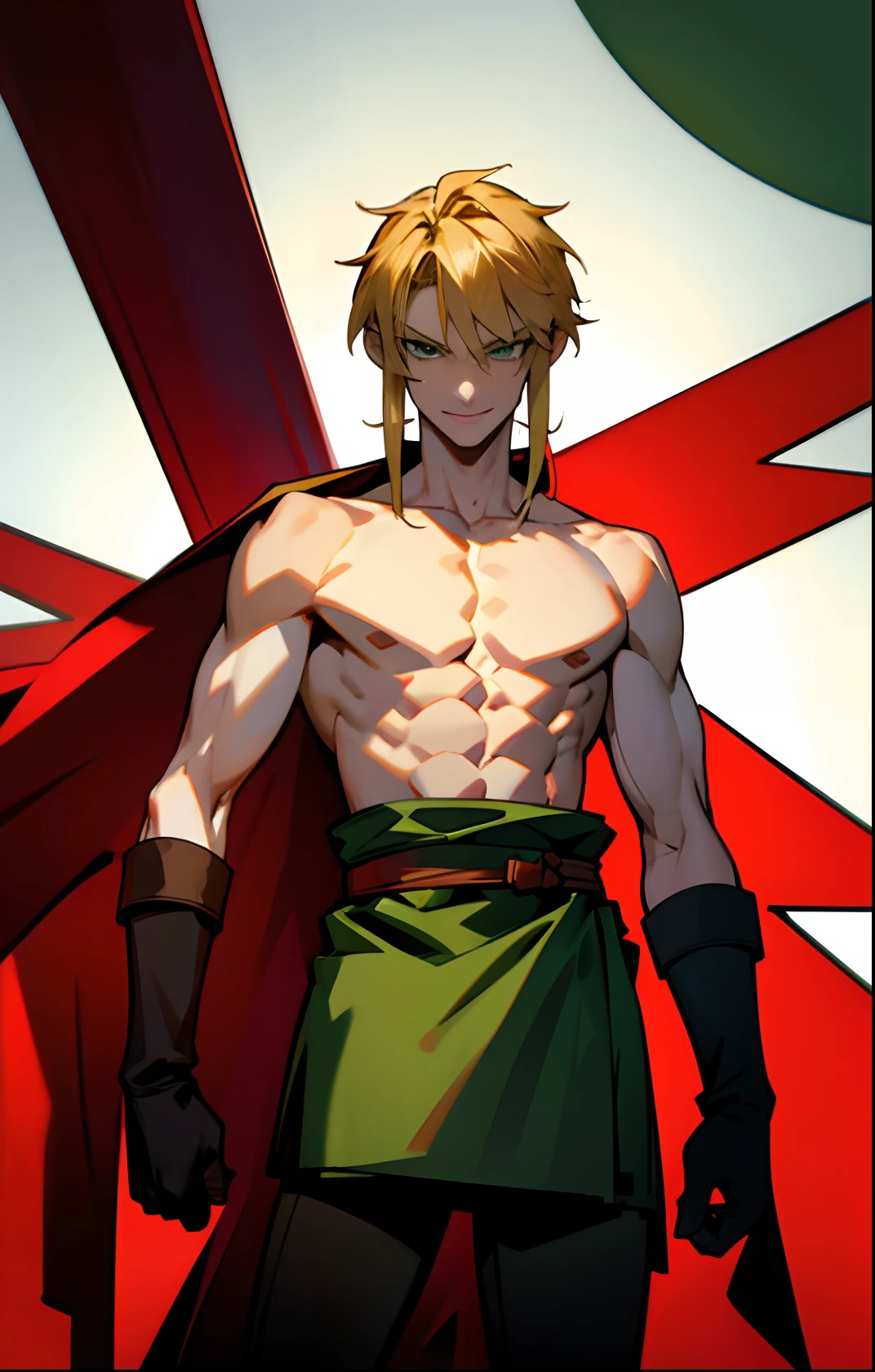 blond, tall, green-eyed guy, viking style, russian hero style, strong,  anime style, anime  , link, ( gloves), standing, topless , (muscular:0.5)(from above:0.1),(sport:0.2), (empty dojo),(smiling:0.4), (dominant),(evil)(confident)(sadistic)(adult:1)(masculine:1)(slender:0.3)(from below:0.3)(powerful)(looking at viewer)