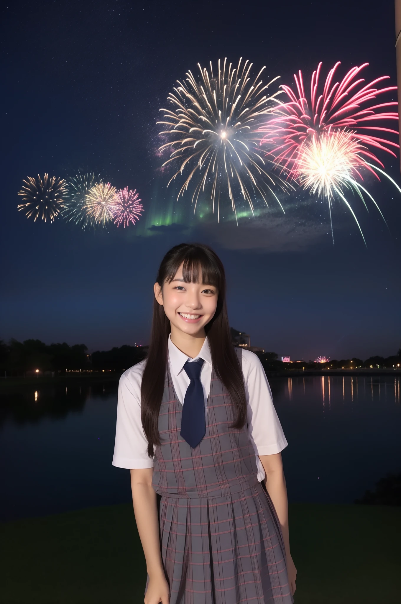 A smile、hi-school girl、校服、shortsleeves、An amusement park、While doing fireworks、starrysky、Aurora