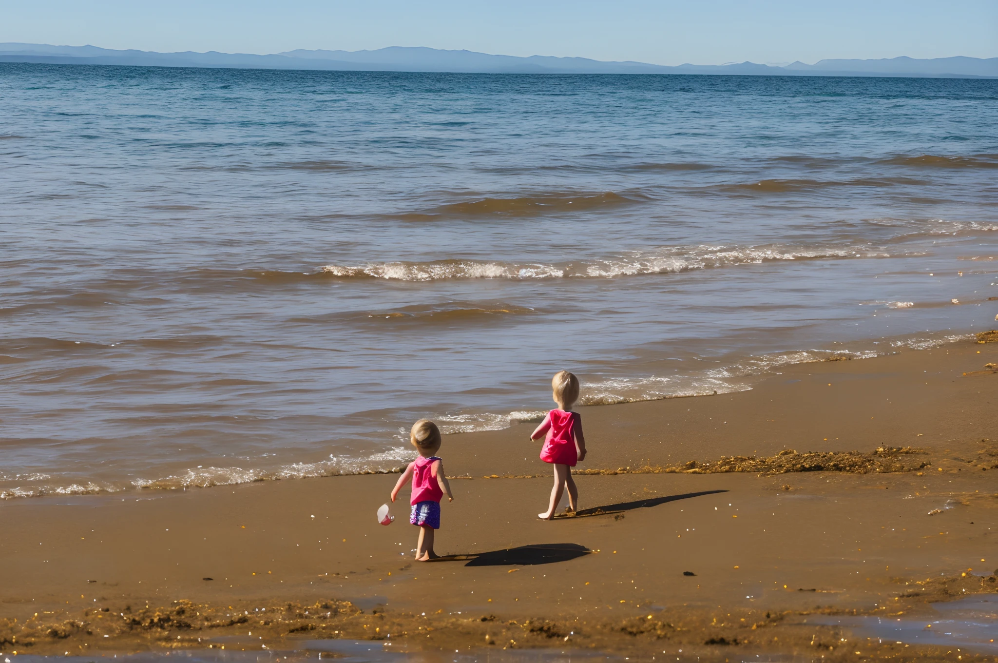 A beautiful young girl is walking on the beach on the back of a giant ant.