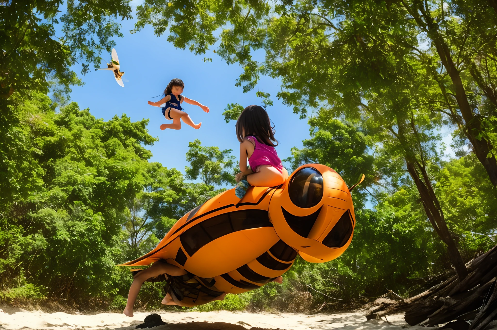 A beautiful young girl is flying over the beach on the back of a giant hornet.