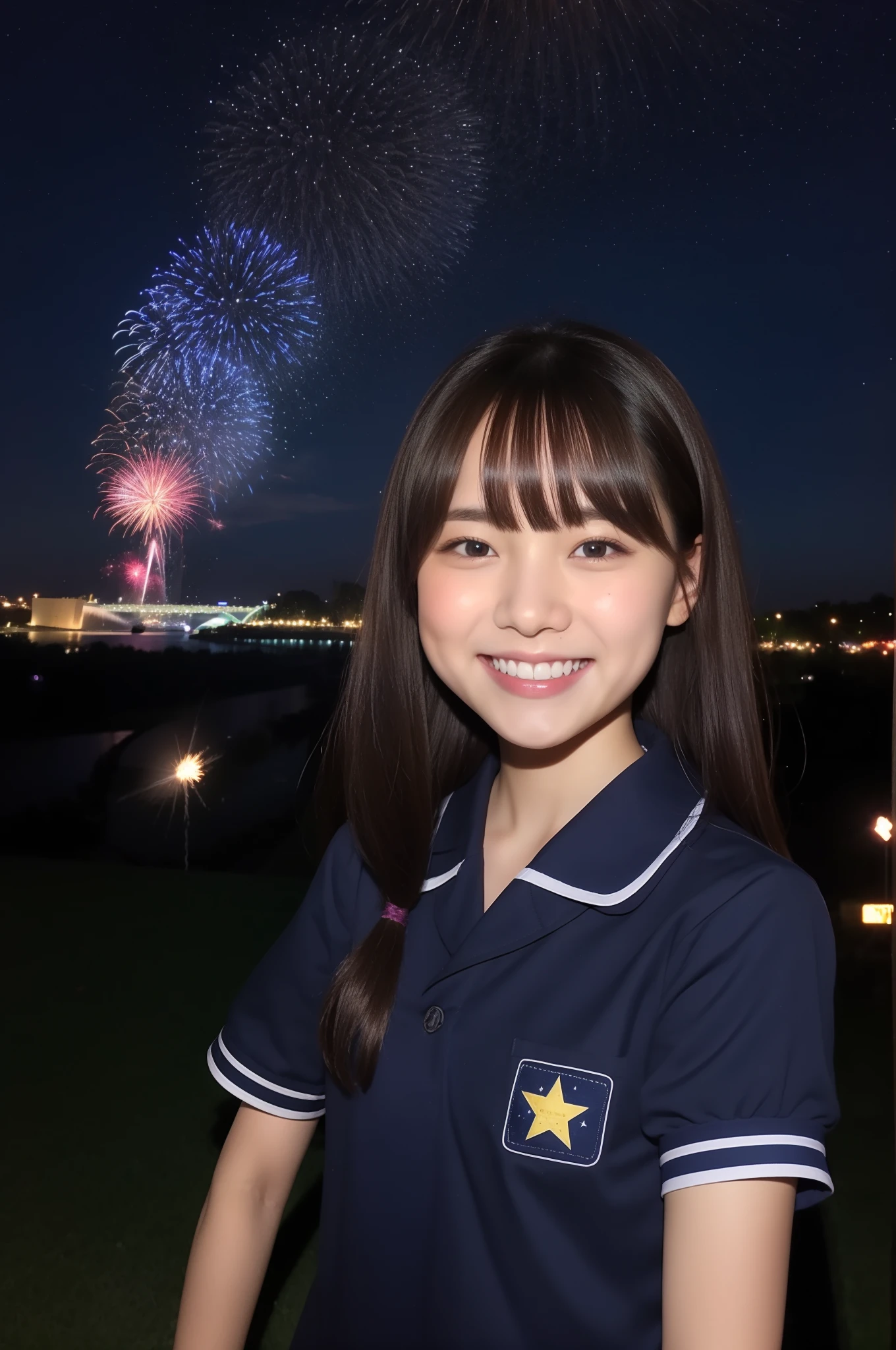 A smile、hi-school girl、校服、shortsleeves、An amusement park、While doing fireworks、starrysky、Aurora