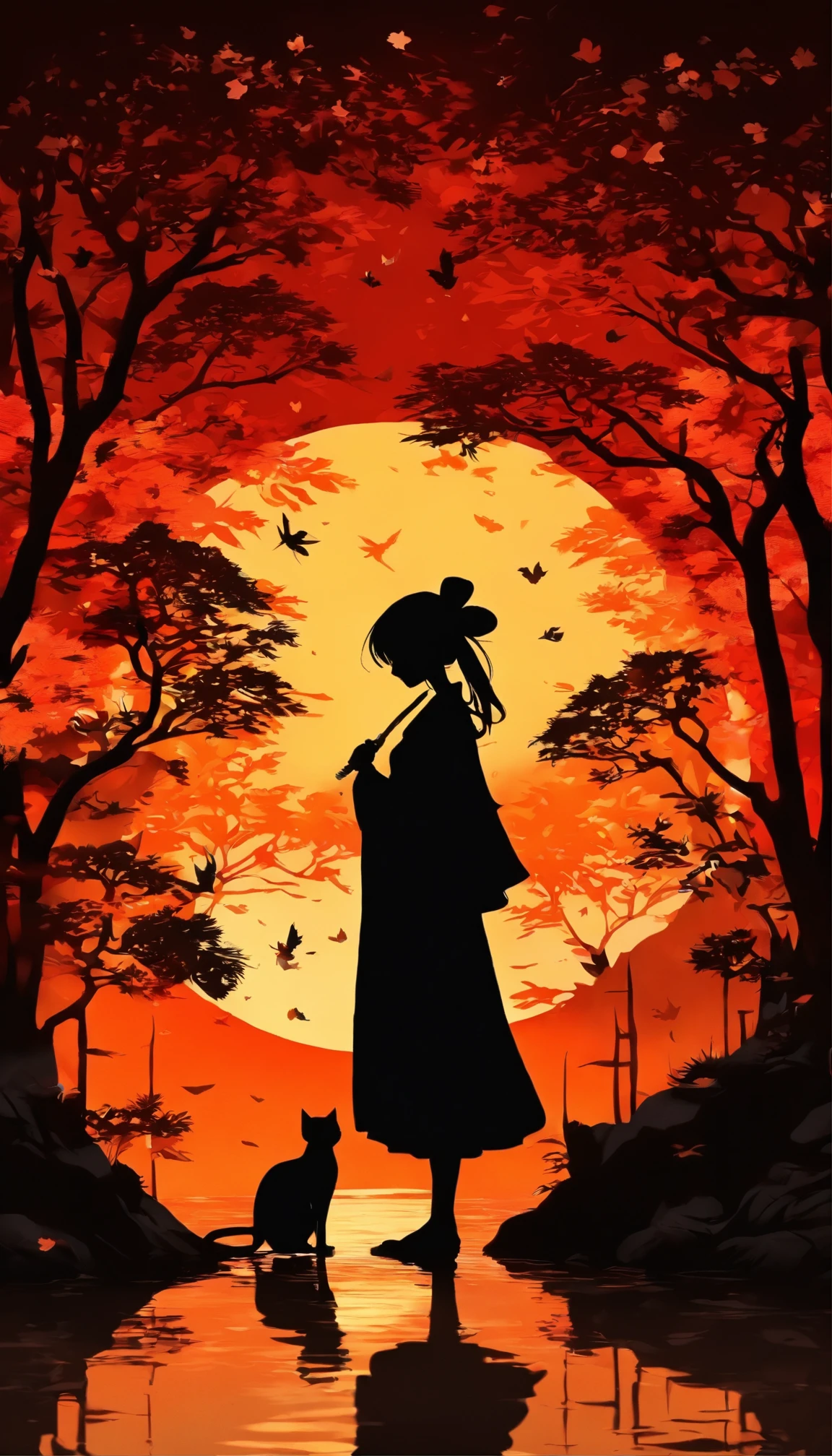 (Silhouette Art,cutouts:1.6)
(((Paper cutting art,A world where only black exists:1.3)
(Cowboy Shot),1 girl,Solo,
(Kimono Girl,profile:1.2),white, Clear and beautiful face,Black cat at feet、Full Moon Behind
break
(Colored leaves、amarelo Red:6.1)
Textured glass background,