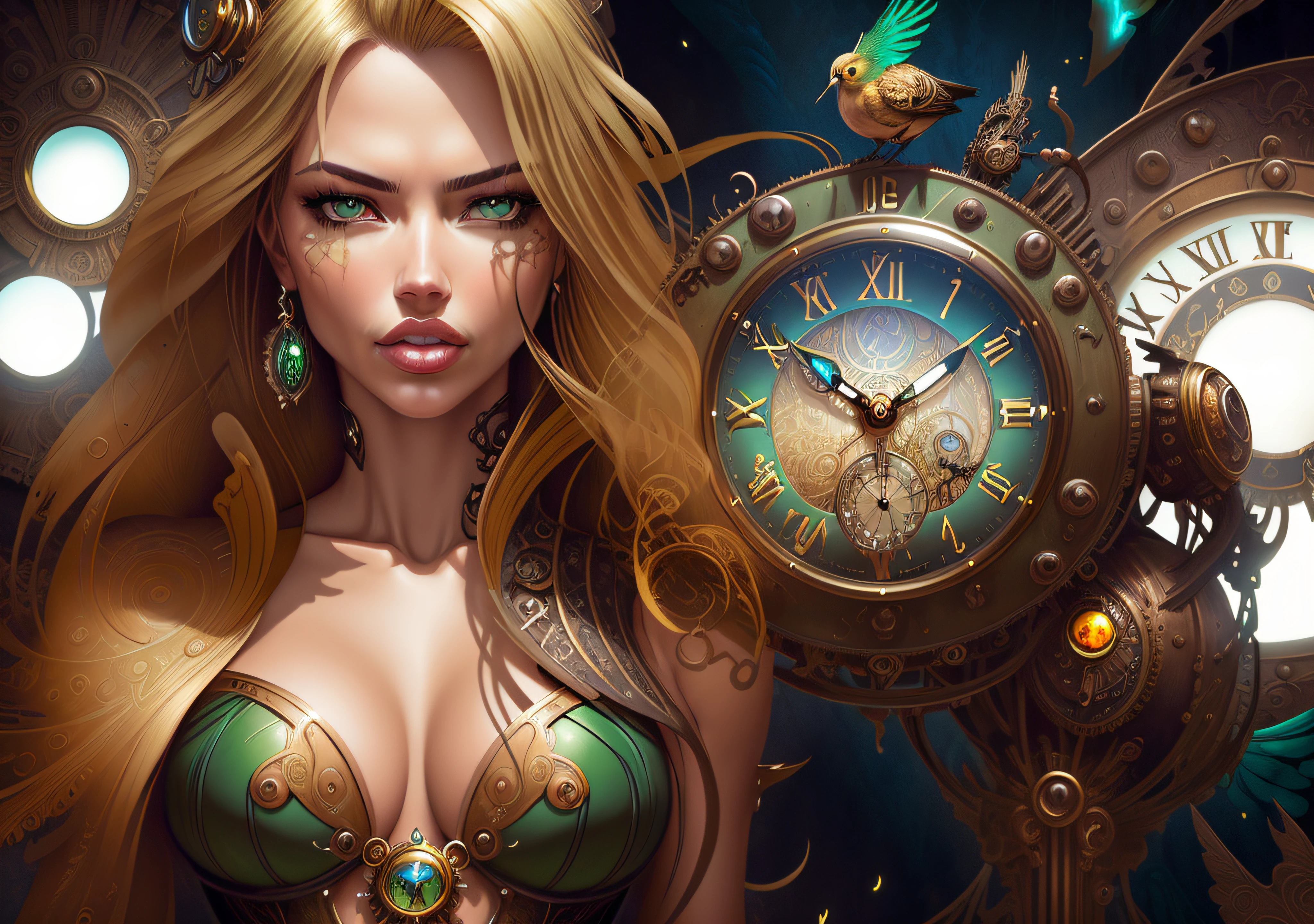 blond woman (Adriana Lima :1.1) in green bikini with clock and bird in background, steampunk fantasy style, karol bak uhd, digital steampunk art, goddess of time, steampunk fantasy, vivid steampunk concept, fantasy art behance, steampunk digital art, digital art fantasy art, stunning digital illustration, artgerm julie bell beeple, trending digital fantasy art, steampunk beautiful anime woman