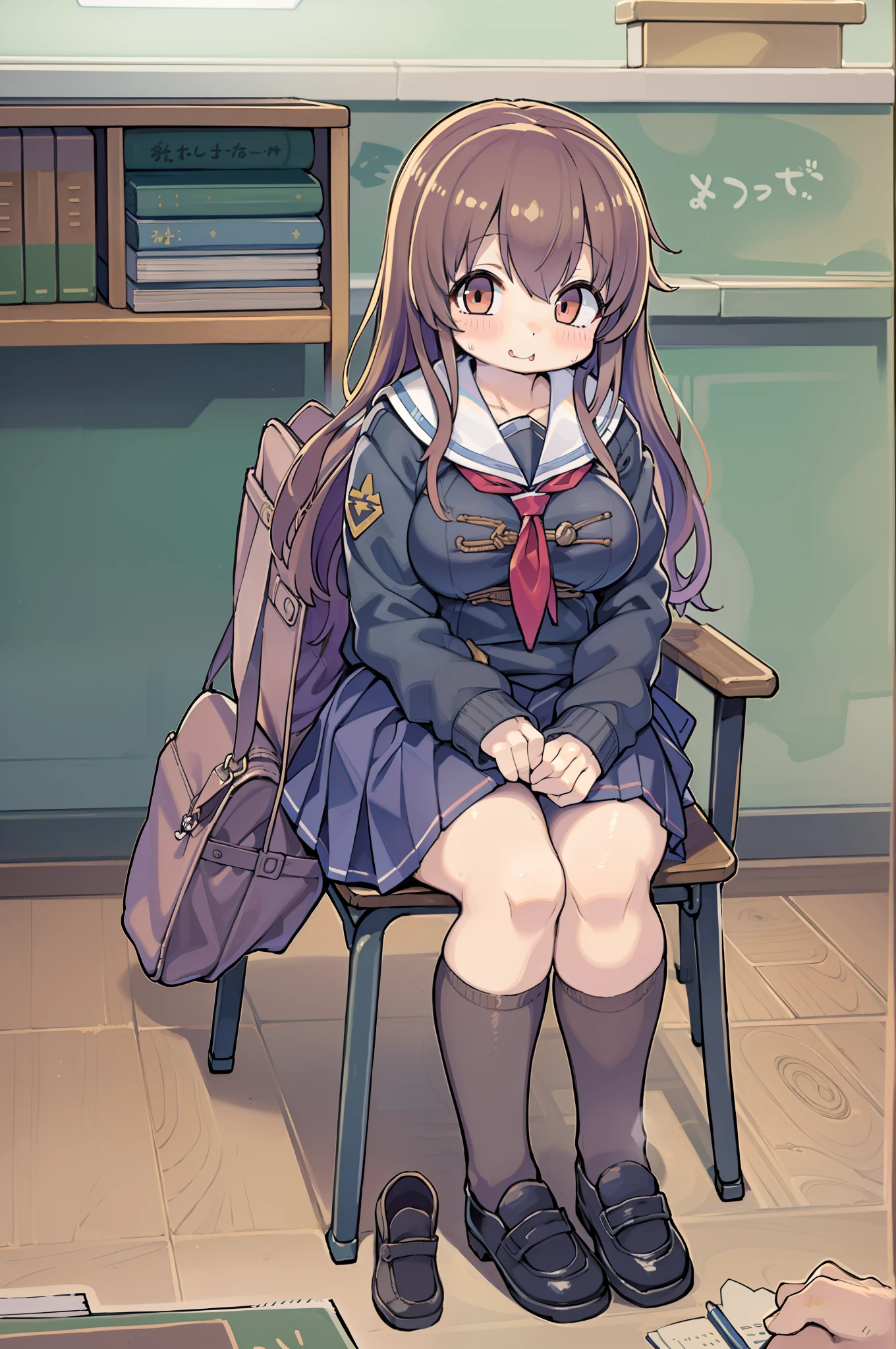 ((masutepiece, Best Quality)),Best aesthetic,1girl in, School uniform, desk work, Sitting, School Desk, Brown hair, crass room, Long hair, Indoors, Chair, Looking at Viewer, :P, Solo Focus, Brown eyes, Skirt, Long sleeves, Pencil, 1 boy, pencil case, paper, black serafuku, Multiple girls, Pleated skirt, Sailor collar, Bangs, head rest, School bag, school chair,huge-breasted、bbw、thick thight、big butts,Ultramammy