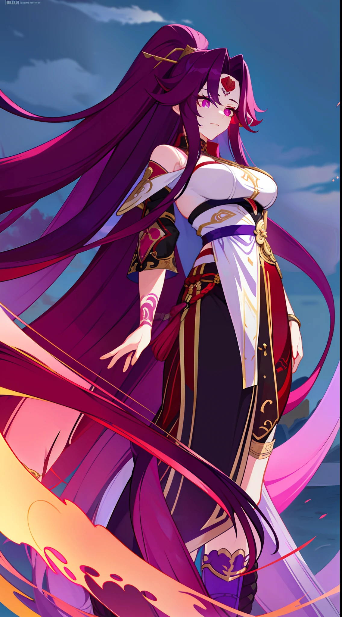 adult girl, long purple hair, Part of the hair is gathered in a high ponytail, Heterochromia, The left eye is purple, Red right eye, big breastes, The Monkey King's Armor, open torso, lots of tattoos, clouds beneath your feet, Masterpiece, hiquality, 4k, HD, Good detail