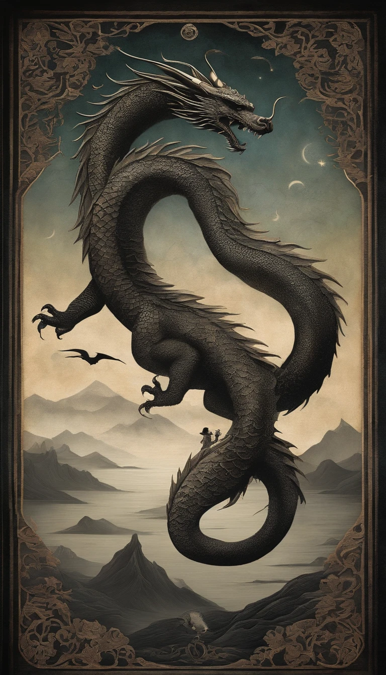 ((The dragon))、Yin & Young Perfect Symbol, Two parts in one art, double exposure, Yin & Yang was vertically split in two, The left side of the paper is the day, , On the right side of the paper is night, creepy, Complex Asian landscapes, Best Quality, Glittering, craola, by Dan Mumford, Andy Kehoe, 2D, Vintage, Cracked Paper Art, fairytale, Detailed illustration of the storybook, Cinematic, The ultra -The high-definition, detaile, Beautiful details, Mystical, luminism, ((monochromes)), Complex background, Framebook, Text, typo,Tiling, a lot of cherry blossom