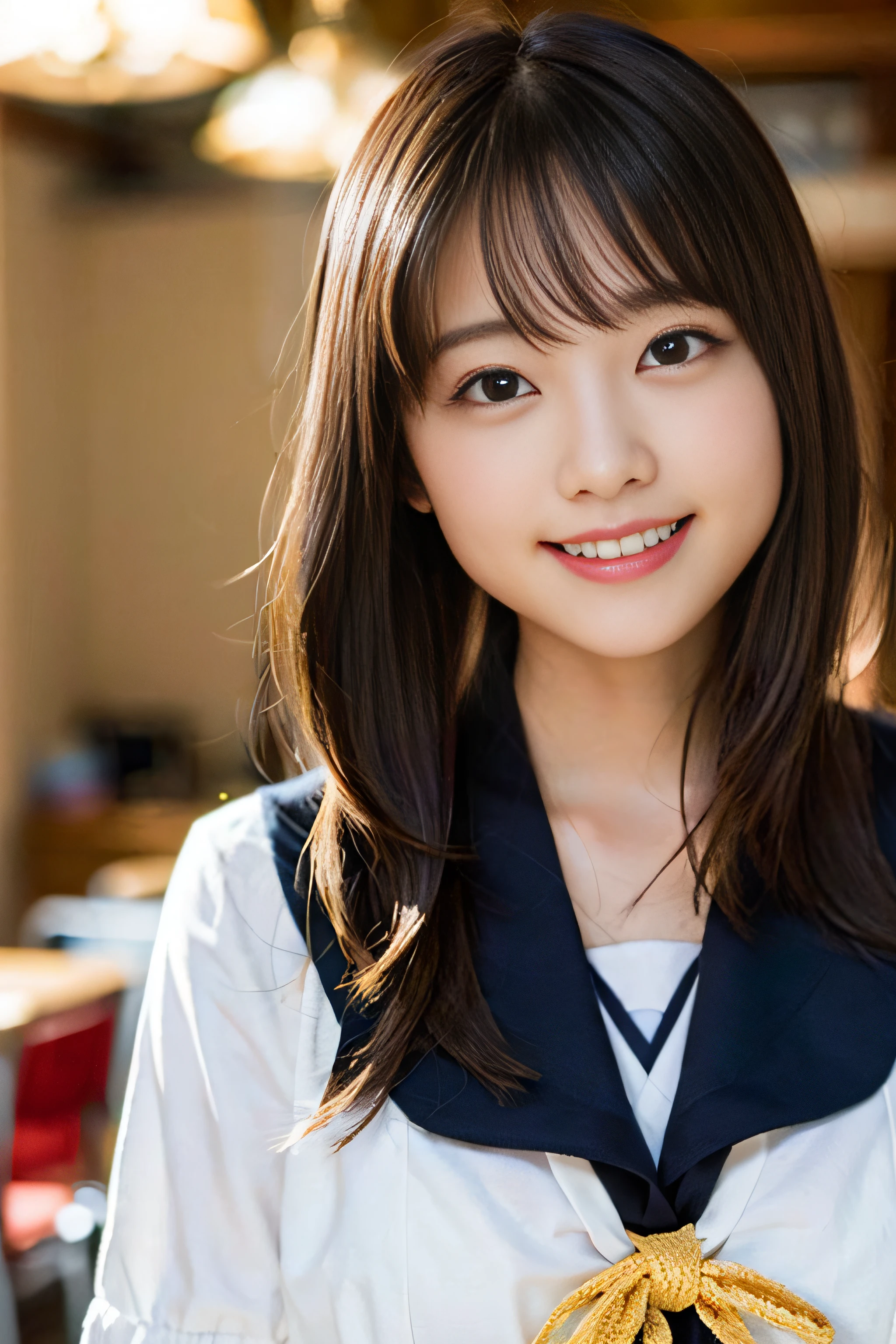 (8K、Raw photography、top-quality、masterpiece:1.2)、(realisitic、Photorealsitic:1.37)、ultra-detailliert、超A high resolution、女の子1人、see the beholder、beautifull detailed face、A smile、Constriction、(Slim waist) :1.3)、Beautiful detailed skin、Skin Texture、Floating hair、Professional Lighting、Whole human body、Longhaire、a blond、japanese hight school uniform、hi-school girl、japanese hight school uniform、hi-school girl、a sailor suit、Bob Hair、childs room、Happy smile、15yo student、Cute smile、E Cup Breast、Porterre