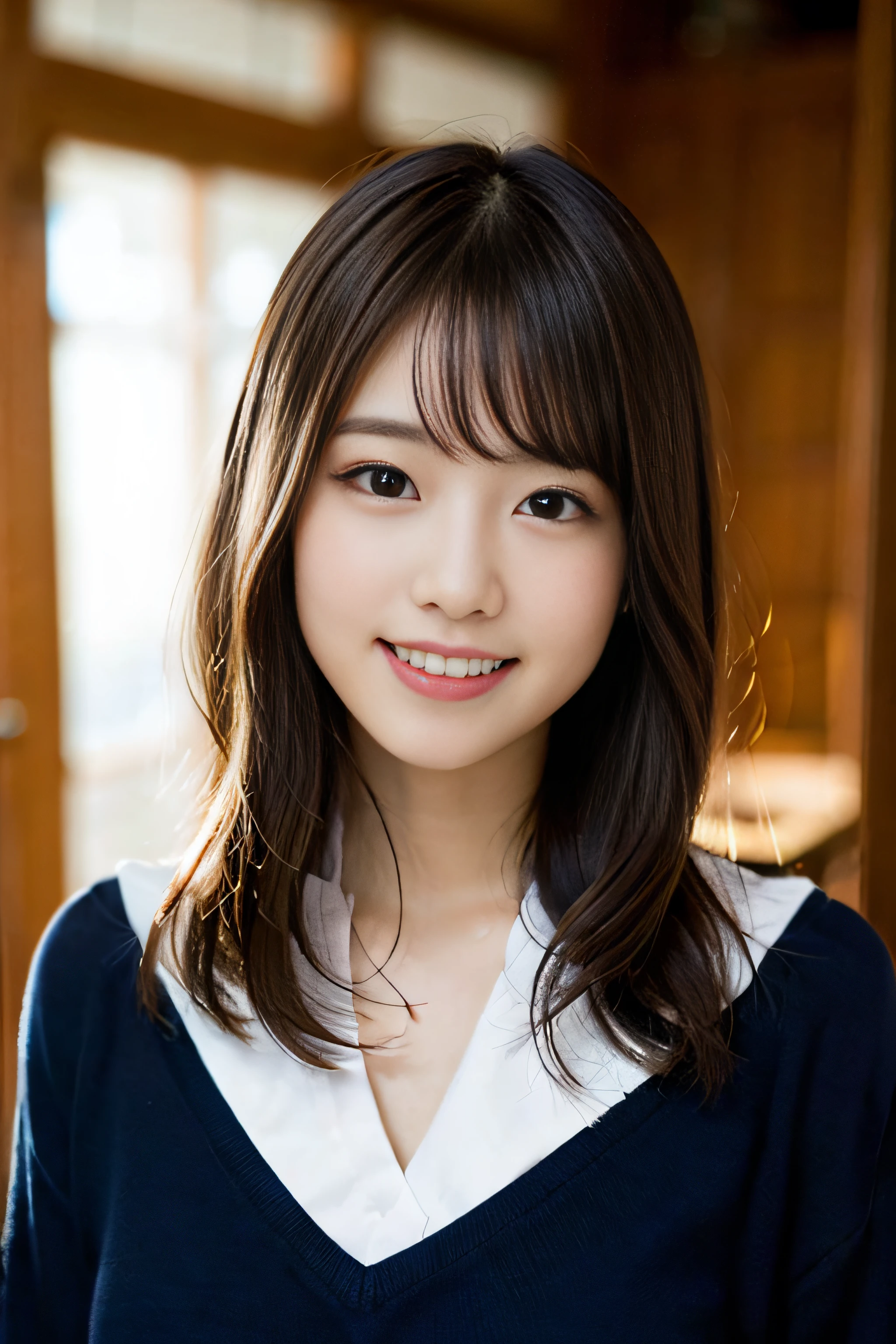(8K、Raw photography、top-quality、masterpiece:1.2)、(realisitic、Photorealsitic:1.37)、ultra-detailliert、超A high resolution、女の子1人、see the beholder、beautifull detailed face、A smile、Constriction、(Slim waist) :1.3)、Beautiful detailed skin、Skin Texture、Floating hair、Professional Lighting、Whole human body、Longhaire、a blond、japanese hight school uniform、hi-school girl、japanese hight school uniform、hi-school girl、a sailor suit、Bob Hair、childs room、Happy smile、 student、Cute smile、E Cup Breast、Porterre