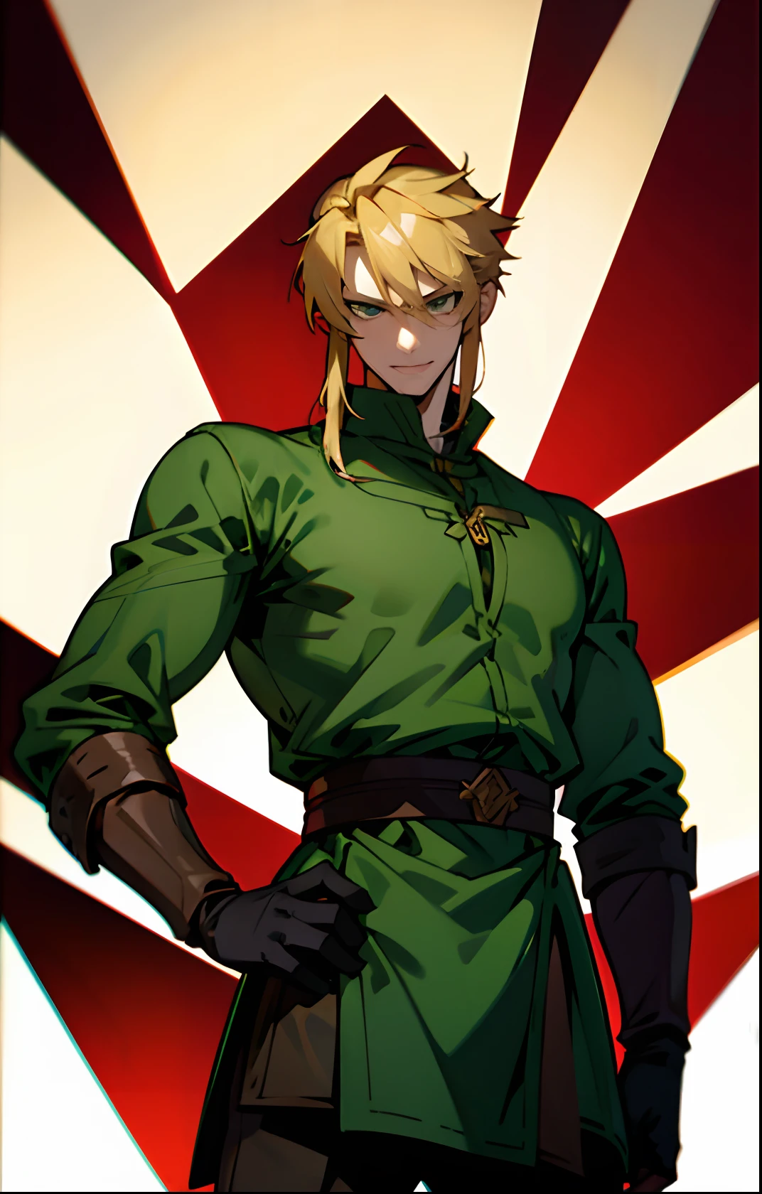 blond, tall, green-eyed guy, viking style, russian hero style, strong,  anime style, anime  , link, ( gloves), standing , (muscular:0.5)(from above:0.1),(sport:0.4), (empty dojo),(smiling:0.4), (dominant),(evil)(confident)(sadistic)(adult:1)(masculine:1)(slender:0.3)(from below:0.3)(powerful)(looking at viewer),(long-sleeve tight shirt)