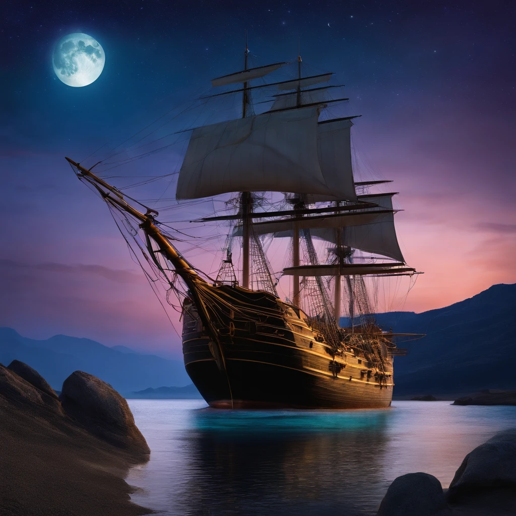 Computer visualized graphics, realistic fantasy, Extensive landscape ultra photography (general view, which shows a huge wooden sailing ship, with decks, 4 decks, stern, hold, + a lot of sails, + bow, + tank, + stern, + ut + decks Horizontal platforms - decks, full moon, night sky, blurred background, warm, yellow, purple background, pink, warm, magic, "Hyper-realistic textures," "Precise details," "Realistic still life," "Realistic portraits," "Realistic landscapes." Watercolor Drawing, "Majestic mountains," "Hyper-realistic textures," Banksy, Liu Bolin, Ansel Adams, Yoshitaka Amano realistic fantasy, Extensive landscape ultra photography, blurred background, cool, turquoise hue, a bit of purple, airy color, magic, "Hyper-realistic textures," "Precise details," "Realistic still life," "Realistic portraits," "Realistic landscapes." Lit cityscapes,” “Starry skies,” “Moonlit landscapes,” “Night time portraits,” “Long exposures.” 16:9 --ar