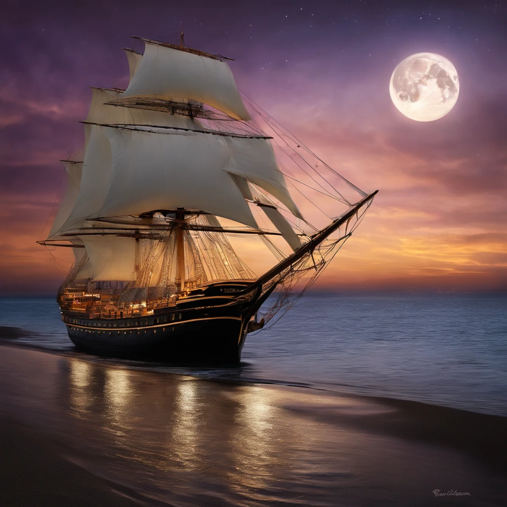 Computer visualized graphics, realistic fantasy, Extensive landscape ultra photography (general view, which shows a huge wooden sailing ship, with decks, 4 decks, stern, hold, + a lot of sails, + bow, + tank, + stern, + ut + decks Horizontal platforms - decks, full moon, night sky, blurred background, warm, yellow, purple background, pink, warm, magic, "Hyper-realistic textures," "Precise details," "Realistic still life," "Realistic portraits," "Realistic landscapes." Watercolor Drawing, "Majestic mountains," "Hyper-realistic textures," Banksy, Liu Bolin, Ansel Adams, Yoshitaka Amano realistic fantasy, Extensive landscape ultra photography, blurred background, cool, turquoise hue, a bit of purple, airy color, magic, "Hyper-realistic textures," "Precise details," "Realistic still life," "Realistic portraits," "Realistic landscapes." Lit cityscapes,” “Starry skies,” “Moonlit landscapes,” “Night time portraits,” “Long exposures.” 16:9 --ar