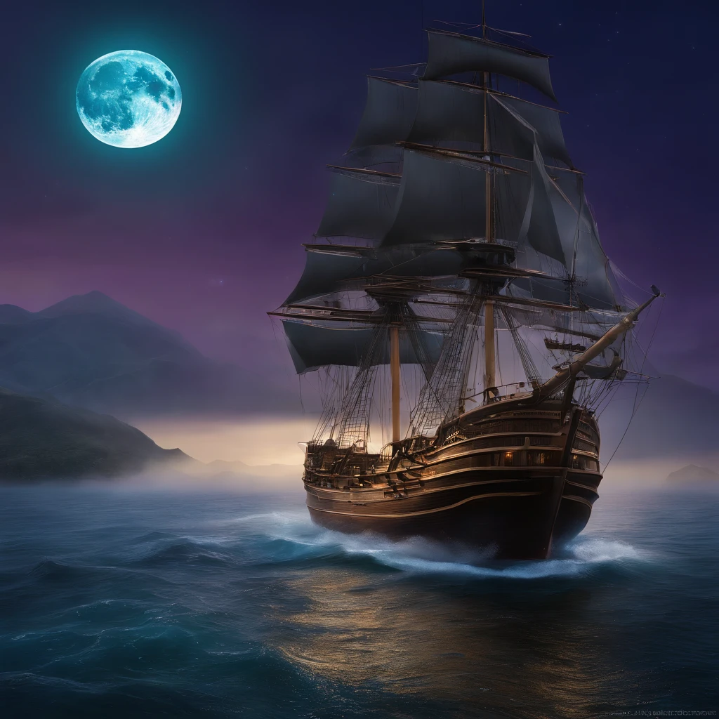 Computer visualized graphics, realistic fantasy, Extensive landscape ultra photography (general view, which shows a huge wooden sailing ship, with decks, 4 decks, stern, hold, + a lot of sails, + bow, + tank, + stern, + ut + decks Horizontal platforms - decks, full moon, night sky, blurred background, warm, yellow, purple background, pink, warm, magic, "Hyper-realistic textures," "Precise details," "Realistic still life," "Realistic portraits," "Realistic landscapes." Watercolor Drawing, "Majestic mountains," "Hyper-realistic textures," Banksy, Liu Bolin, Ansel Adams, Yoshitaka Amano realistic fantasy, Extensive landscape ultra photography, blurred background, cool, turquoise hue, a bit of purple, airy color, magic, "Hyper-realistic textures," "Precise details," "Realistic still life," "Realistic portraits," "Realistic landscapes." Lit cityscapes,” “Starry skies,” “Moonlit landscapes,” “Night time portraits,” “Long exposures.” 16:9 --ar
