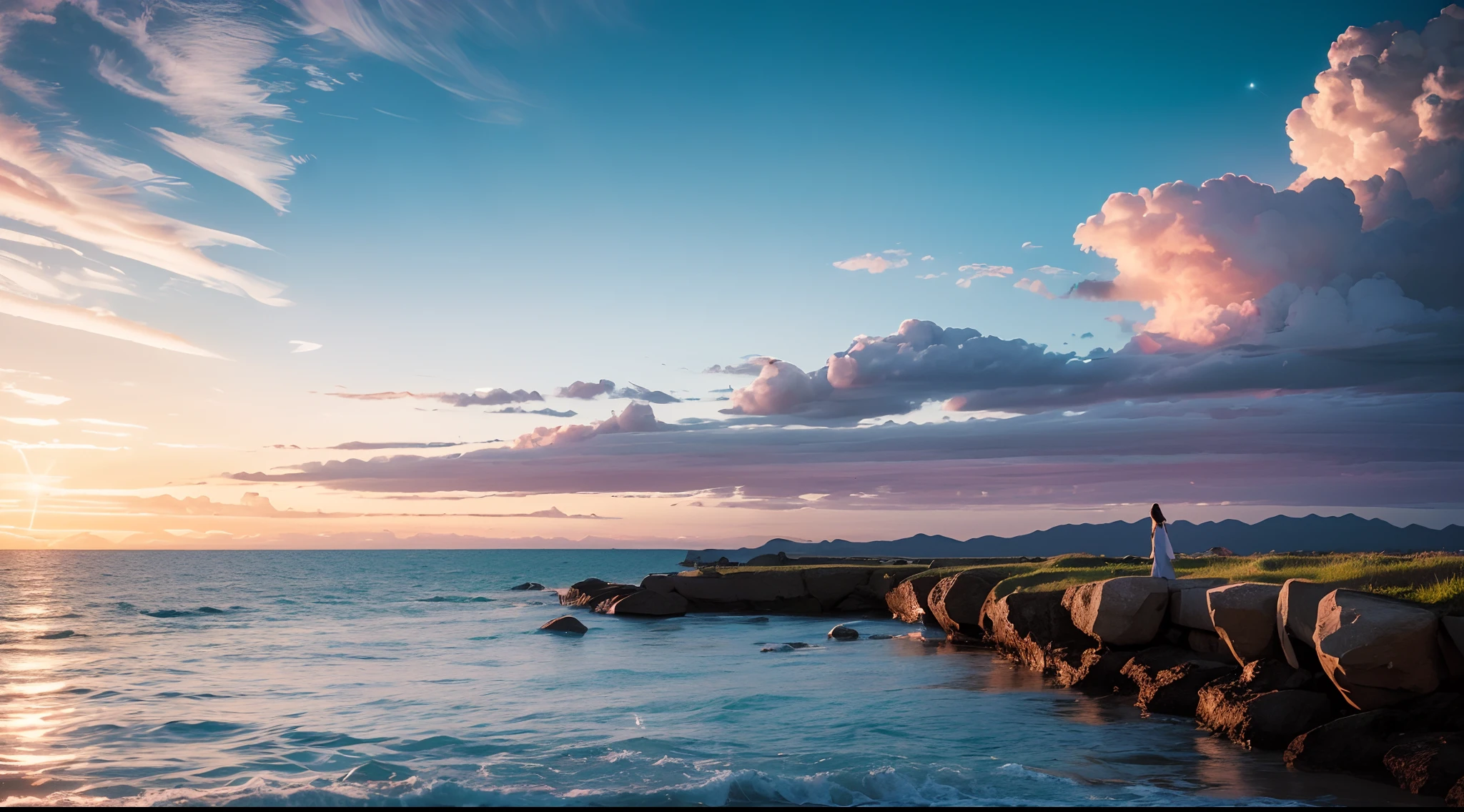 (Magical and beautiful sky blue stream overlay scene), (sky), (Clouds), Soft lighting, Clean background, Beautiful sky scenery, Masterpiece, High quality, Beautiful graphics, High detail,woman,beachside,a sailor suit, art stations, Sharp focus, Inspiring 16K wallpapers,