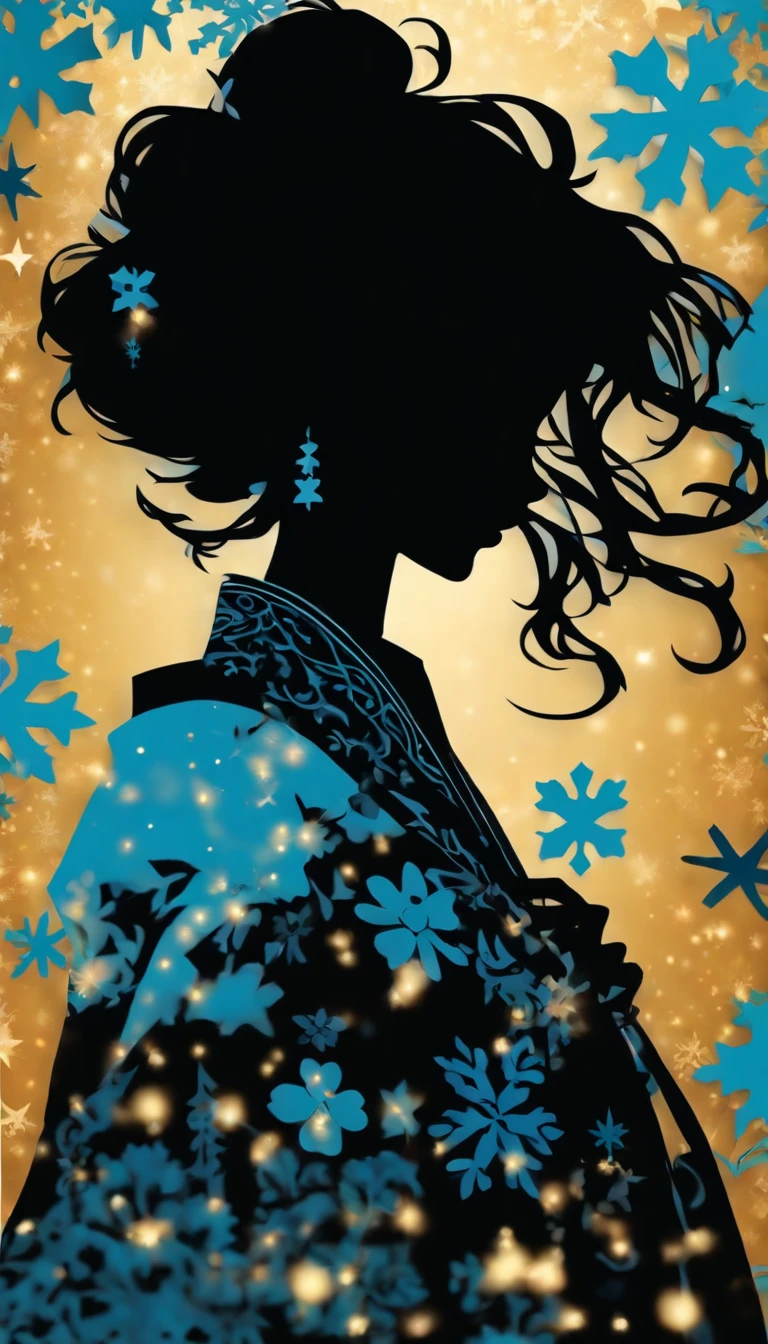 (Silhouette Art,cutouts:1.6)
(((Paper cutting art,A world where only black exists:1.3)
(Cowboy Shot),1 girl,Solo,
(Kimono Girl,profile:1.2),white, Clear and beautiful face,
BREAK
(Light blue snowflakes)
Textured glass background,