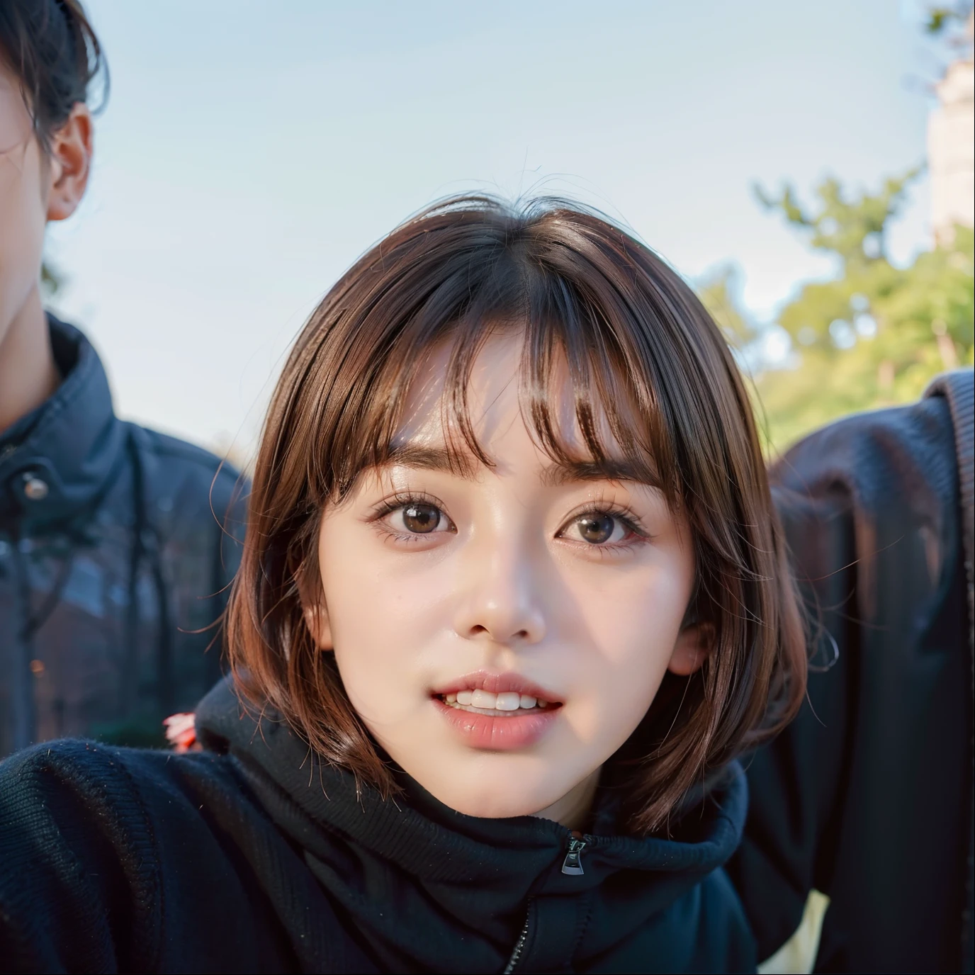 1 girl named Shoko Eiri from the anime Jejutsu Kasian, has short reddish brown hair, thick eyebrows, brown eyes, long eyelashes, while eating white candy handles, red lips, medium chest size, laughing position while eating candy, wearing a dark blue sweater jacket, green trees in the background, and real HD realistic