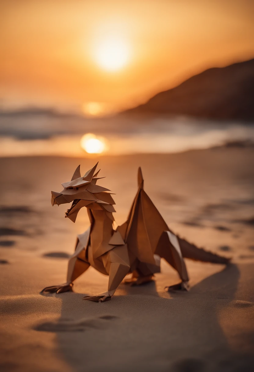 origami dragon , on a sunset, beach, 8k