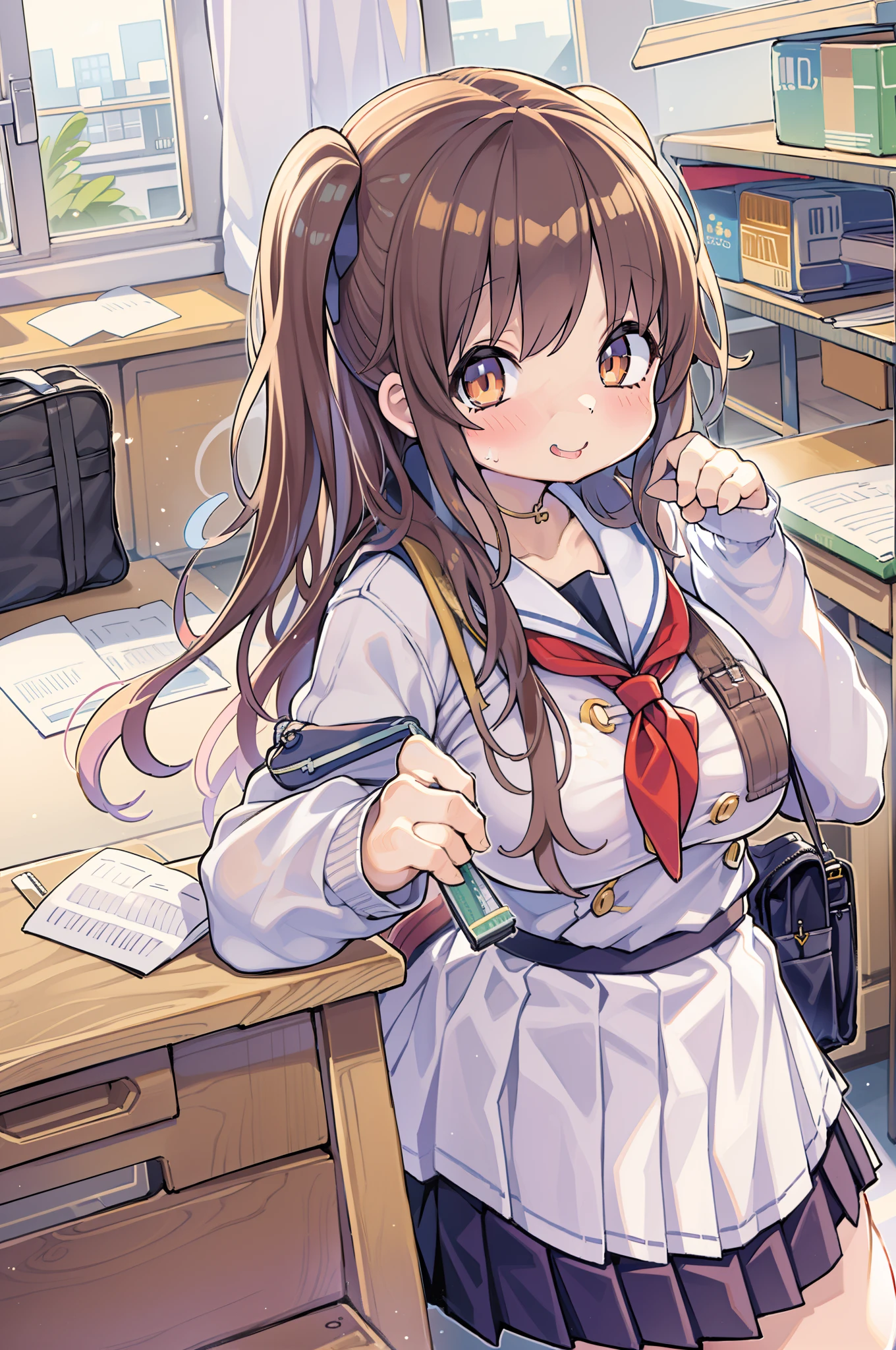 ((masutepiece, Best Quality)),Best aesthetic,1girl in, School uniform, desk work, Sitting, School Desk, Brown hair, crass room, Long hair, Indoors, Chair, Looking at Viewer, :P, Solo Focus, Brown eyes, Skirt, Long sleeves, Pencil, 1 boy, pencil case, paper, black serafuku, Multiple girls, Pleated skirt, Sailor collar, Bangs, head rest, School bag, school chair,huge-breasted、bbw、thick thight、big butts