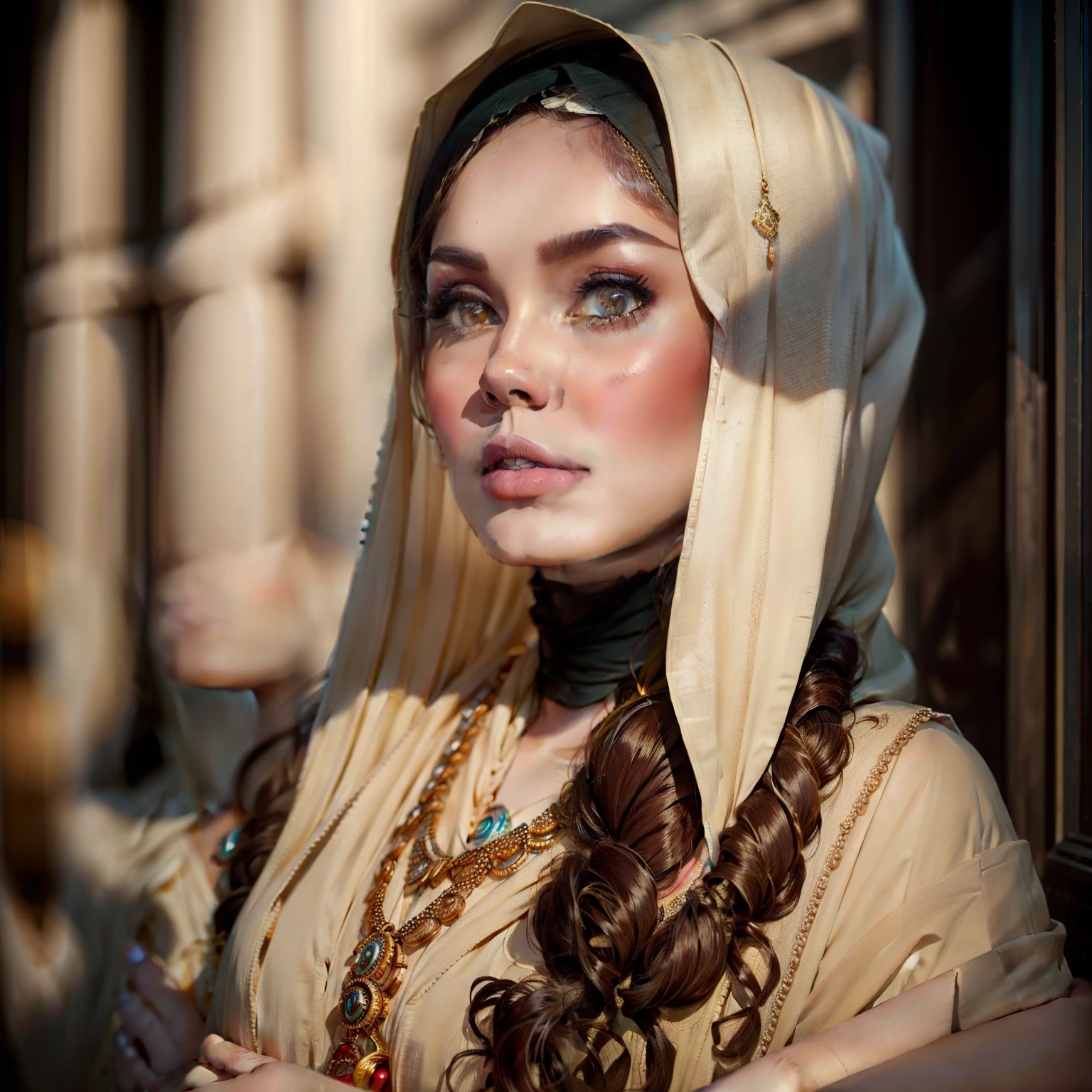 hijab, cleavage, bra, close-up,(best quality,4k,8k,highres,masterpiece:1.2),ultra-detailed,(realistic,photorealistic,photo-realistic:1.37),portrait,vivid colors,warm tones,natural lighting,beautiful detailed eyes,beautiful detailed lips,soft skin texture,stylish hijab,lace details,Smokey eye makeup,delicate jewelry,subtle blush,confident expression,traditional hijab pattern,ethnic jewelry,gorgeous fabric texture,sensual pose,subtle highlights,bokeh.