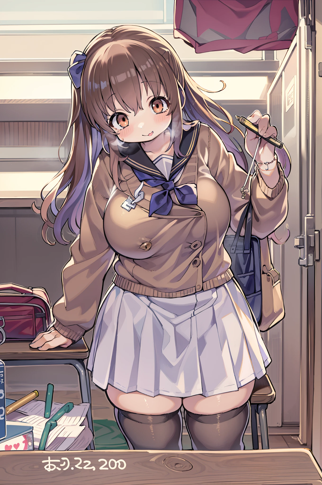 ((masutepiece, Best Quality)),Best aesthetic,1girl in, School uniform, desk work, Sitting, School Desk, Brown hair, crass room, Long hair, Indoors, Chair, Looking at Viewer, :P, Solo Focus, Brown eyes, Skirt, Long sleeves, Pencil, 1 boy, pencil case, paper, black serafuku, Multiple girls, Pleated skirt, Sailor collar, Bangs, head rest, School bag, school chair,huge-breasted、bbw、thick thight、big butts