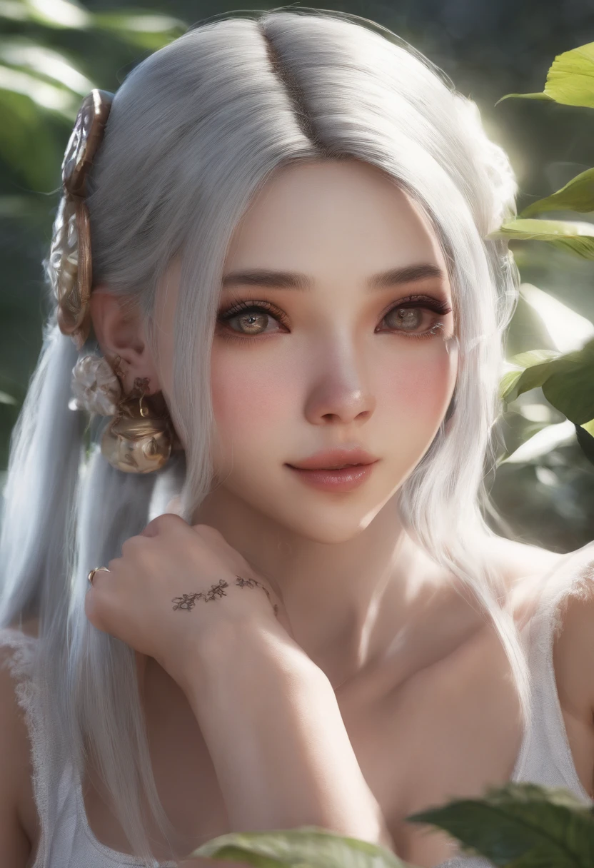 realistic, 1 woman, white hair, Crimson eyes, shining eyes, naked+pubic hair((White feathers)), Chapped lips, Blush, at night, flower, sun, sunlight,