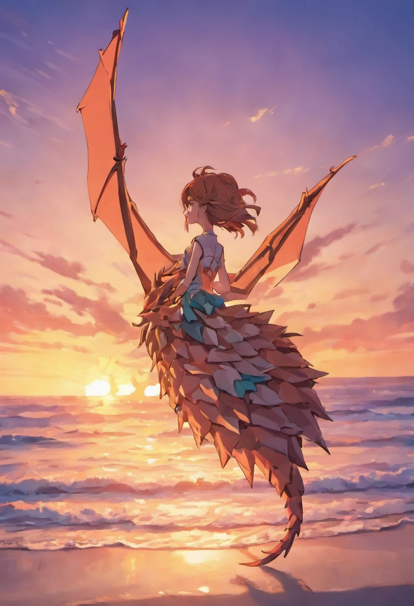 origami dragon, on a sunset, beach, 8k