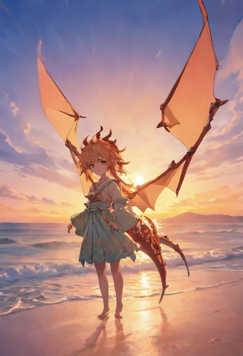 origami dragon, on a sunset, beach, 8k