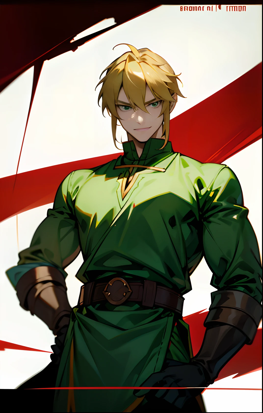 blond, tall, green-eyed guy, viking style, russian hero style, strong,  anime style, anime  , link, ( gloves), standing , (muscular:0.5)(from above:0.1),(sport:0.4), (empty dojo),(smiling:0.4), (dominant),(evil)(confident)(sadistic)(adult:1)(masculine:1)(slender:0.3)(from below:0.3)(powerful)(looking at viewer),(long-sleeve tight shirt)