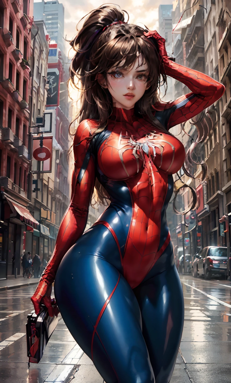 Masterpiece, ultra hd, 4k, high resolution detail, new york city background detailed, perfect lighting, sunset, 1 lady, solo shot, A bang hair ponytail lady,beautiful face detailed, eyes detailed, lips detailed, slender toned body, (thick thigh), (medium droopy breast), (rounded hips), (thick ass), perfect proportion and shape, seductive pose, back view, look at camera, fear face detailed, detailed shiny spiderman suit