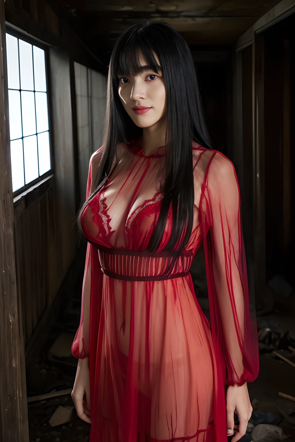 (​masterpiece, best quality)、(The ghost of a young beauty, scary Female Ghost, (black hair, super long hair, ultra long bangs:1.55, the long bangs hide whole front face:1.5, devil smile:1.1), (Japan Ghost Story, Amazing beauty, ultra huge breasts, Excellent slim body style, Mind-boggling images, full body shot, (sheer red dress:1.2), canny, horrified, standing in Japanese abandoned houses, (Darkness of the night:1.5), detailed face,