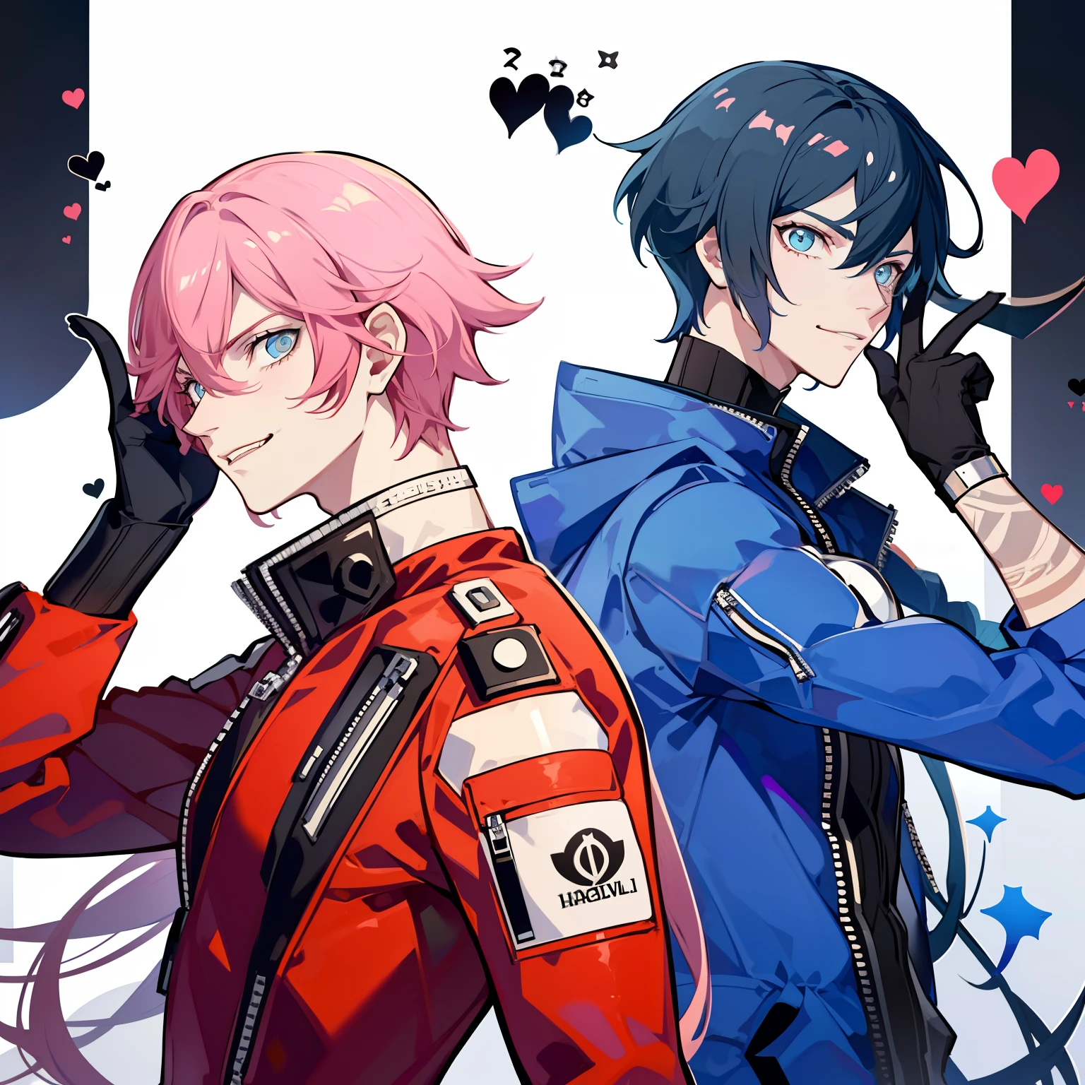 Evil twin Kisikilnas as a boy, Long pink hair, devious smile ,kisikilevil,  Evil twin Lila as a boy, long Blue hair, ((2boy s)), high quality, masterpiece, high Aesthetic , lillaevil, Phantom thieves , partners, dynamic poses