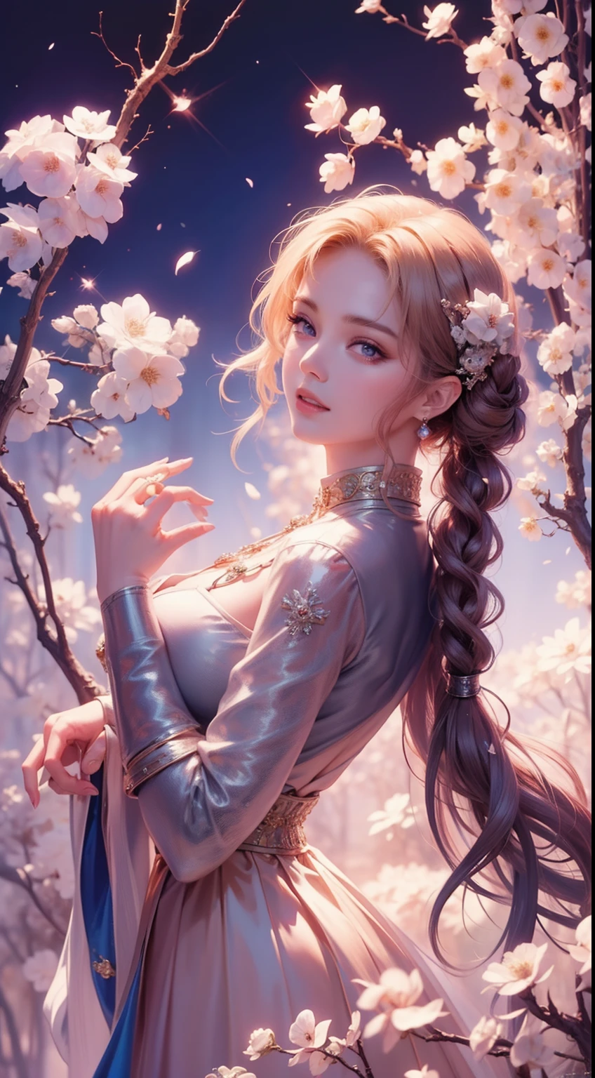 A woman in a dress standing in a field of flowers - SeaArt AI