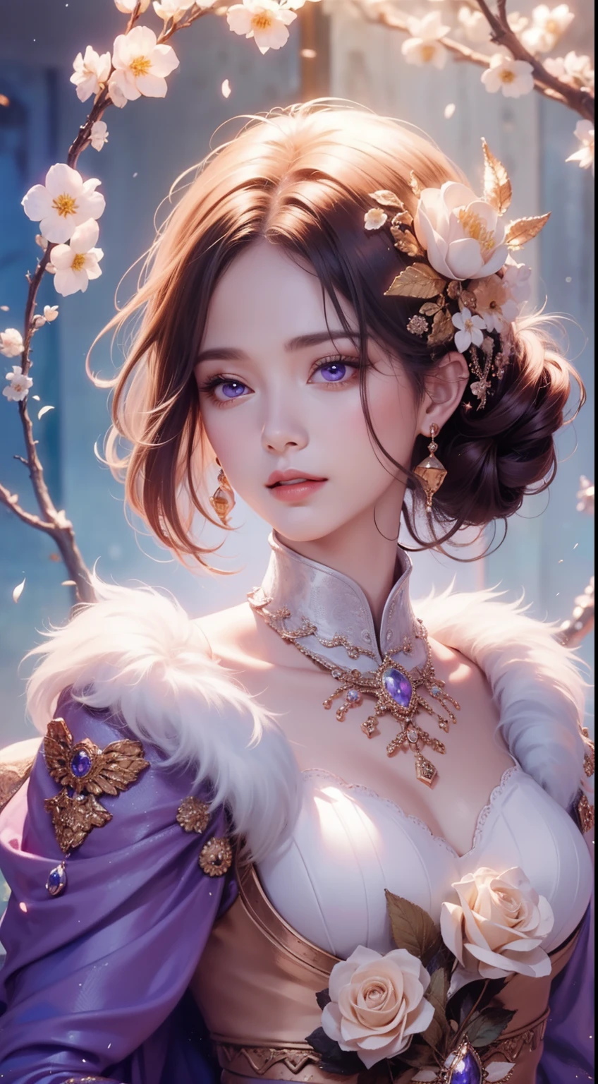 tmasterpiece,Highest high resolution,((themoon)),Dynamic bust of a beautiful aristocratic maiden,elegantly coiled brown chestnut hair,Purple clear eyes,Hair is covered with beautiful and delicate floral craftsmanship, Crystal Jewelry Filigree,Ultra-detailed details,upscaled,The Earth Rises。