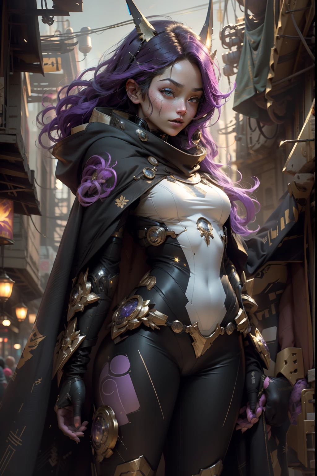 Dark Cyberpunk City、Villain Phantom、Insect humans、、Wearing a gold and white cloak、Wearing a black and purple tribal print bodysuit、28-year-old woman, Very long hair, Golden hair standing on end、,Purple face with a sense of fear、Coat of arms on the forehead、Eyes glow、masutepiece, Hyper realistic, 8K, Bokeh, Fire Luminescent, The body glows blue、