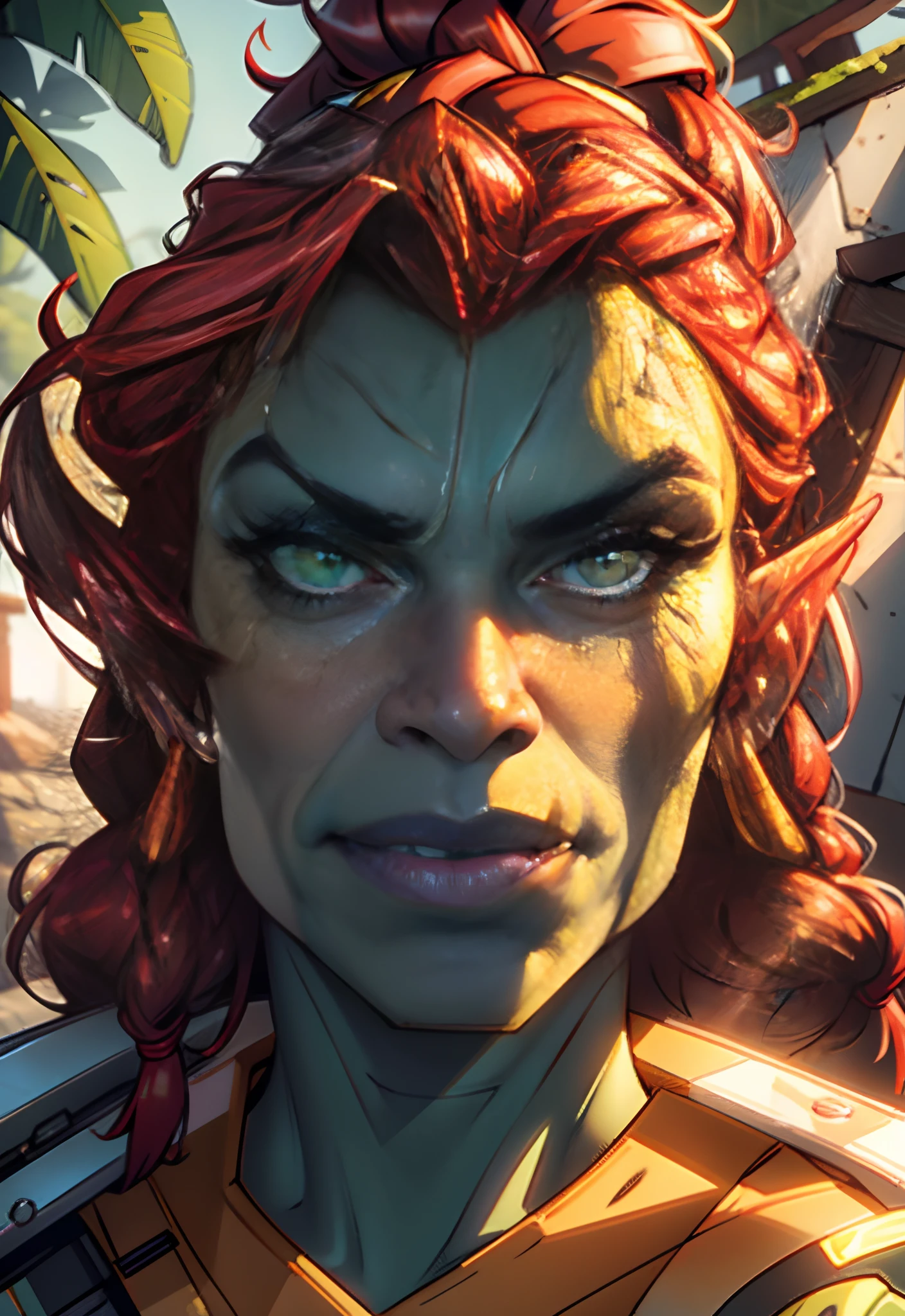 beautiful, (masterpiece:1.2), (best quality:1.2), perfect lighting, sharp focus, A close up face portrait of a gorgeous redhead orc lady
1girl, solo, highly detailed face, high detail eyes, perfect eyes, perfect face, looking up at her, orc, orc girl, olive green colored skin, (tusk:1.4), mature orc girl, abs, toned, Muscular, long red braids, Bored expression.