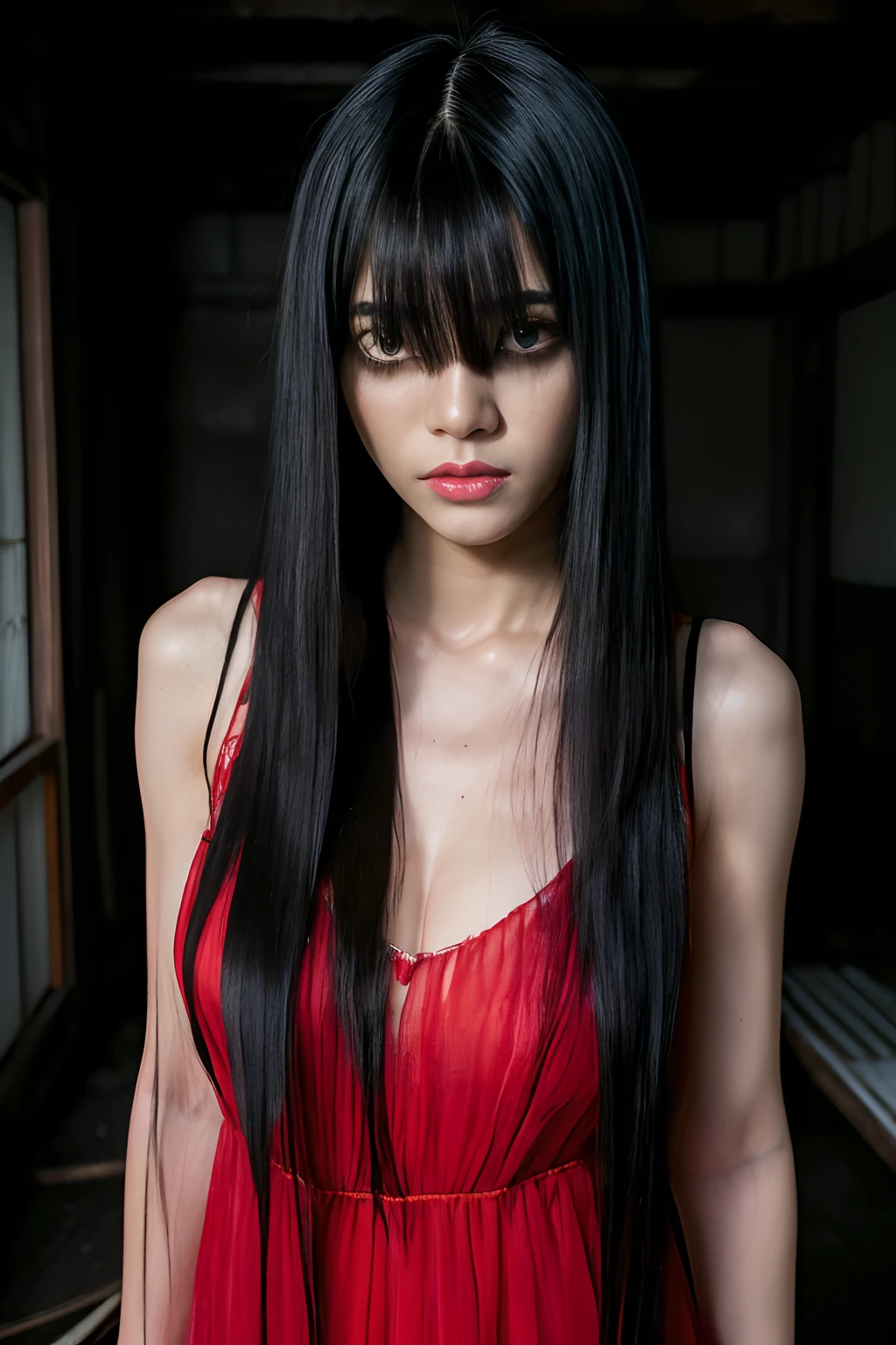 (​masterpiece, best quality)、(The ghost of a young beauty, scary Female Ghost, (black hair, super long hair, ultra long bangs:1.55, the long bangs hide whole front face:1.5, devil smile:1.1), (Japan Ghost Story, Amazing beauty, ultra huge breasts, Excellent slim body style, Mind-boggling images, full body shot, (sheer red dress:1.2), canny, horrified, standing in Japanese abandoned houses, (Darkness of the night:1.5), detailed face,