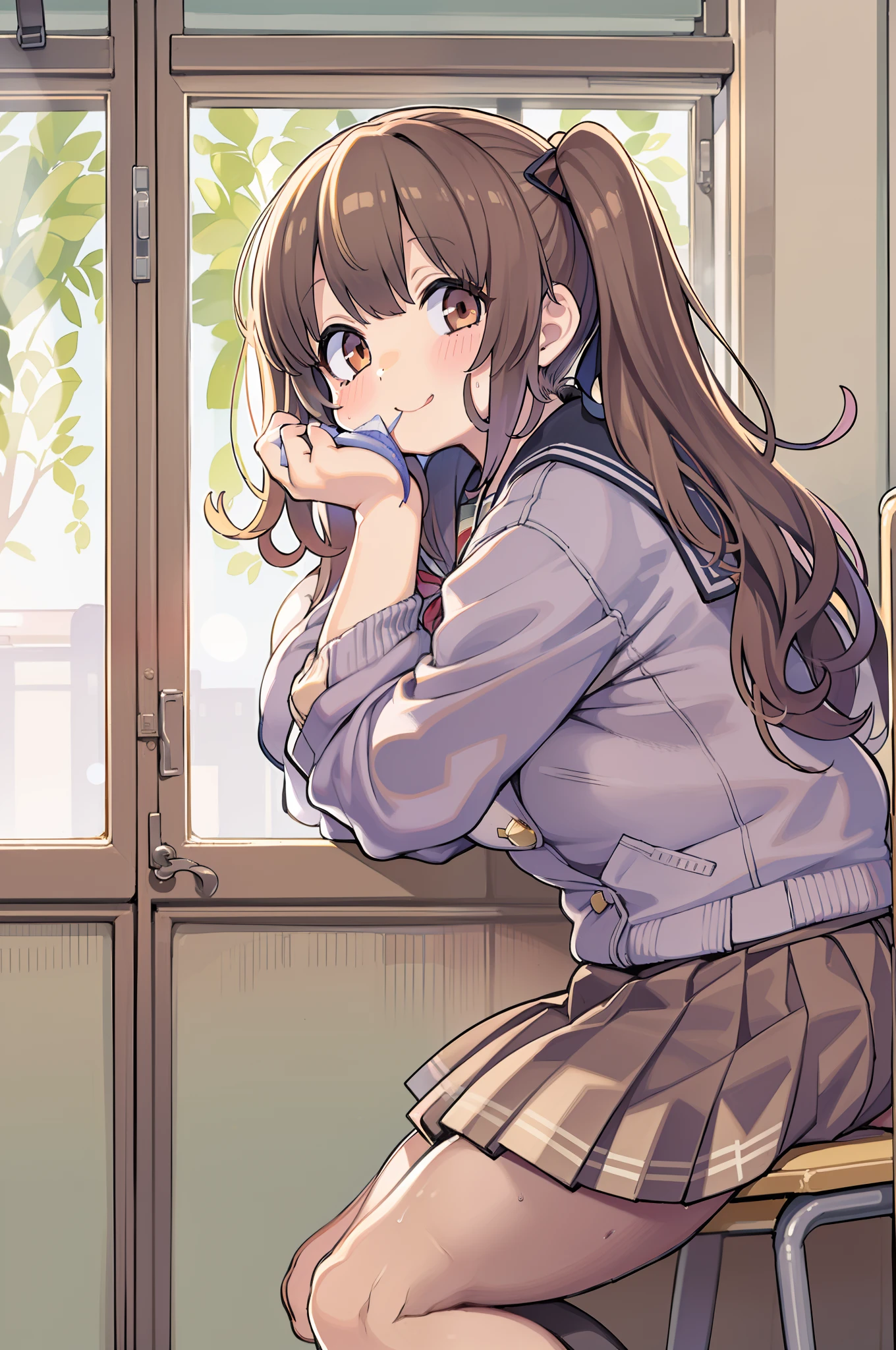 ((masutepiece, Best Quality)),Best aesthetic,1girl in, School uniform, desk work, Sitting, School Desk, Brown hair, crass room, Long hair, Indoors, Chair, Looking at Viewer, :P, Solo Focus, Brown eyes, Skirt, Long sleeves, Pencil, 1 boy, pencil case, paper, black serafuku, Multiple girls, Pleated skirt, Sailor collar, Bangs, head rest, School bag, school chair,huge-breasted、bbw、thick thight、big butts