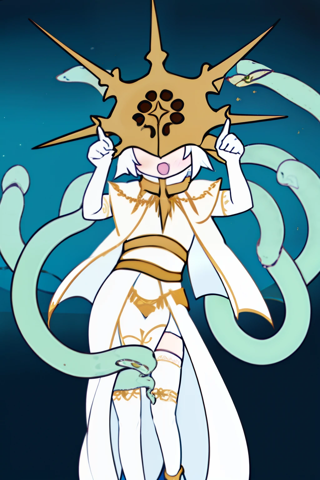 Gywndolin, short white hair, androgynous, 1boy, male, femboy, flat-chested, GwyRob, white thighhighs, ((golden sun mask)), covered eyes, gold jewelry, white elbow gloves, long white dress, green snakes, white veil, ((snakes under white dress)), perfect anatomy, solo, internet yamero, open mouth, finger raised, ^ ^, closed eyes, simple background