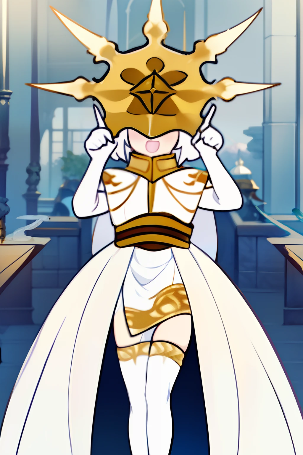 Gywndolin, short white hair, androgynous, 1boy, male, femboy, flat-chested, GwyRob, white thighhighs, ((golden sun mask)), covered eyes, gold jewelry, white elbow gloves, long white dress, green snakes, white veil, ((snakes under white dress)), perfect anatomy, solo, internet yamero, open mouth, finger raised, ^ ^, closed eyes, simple background