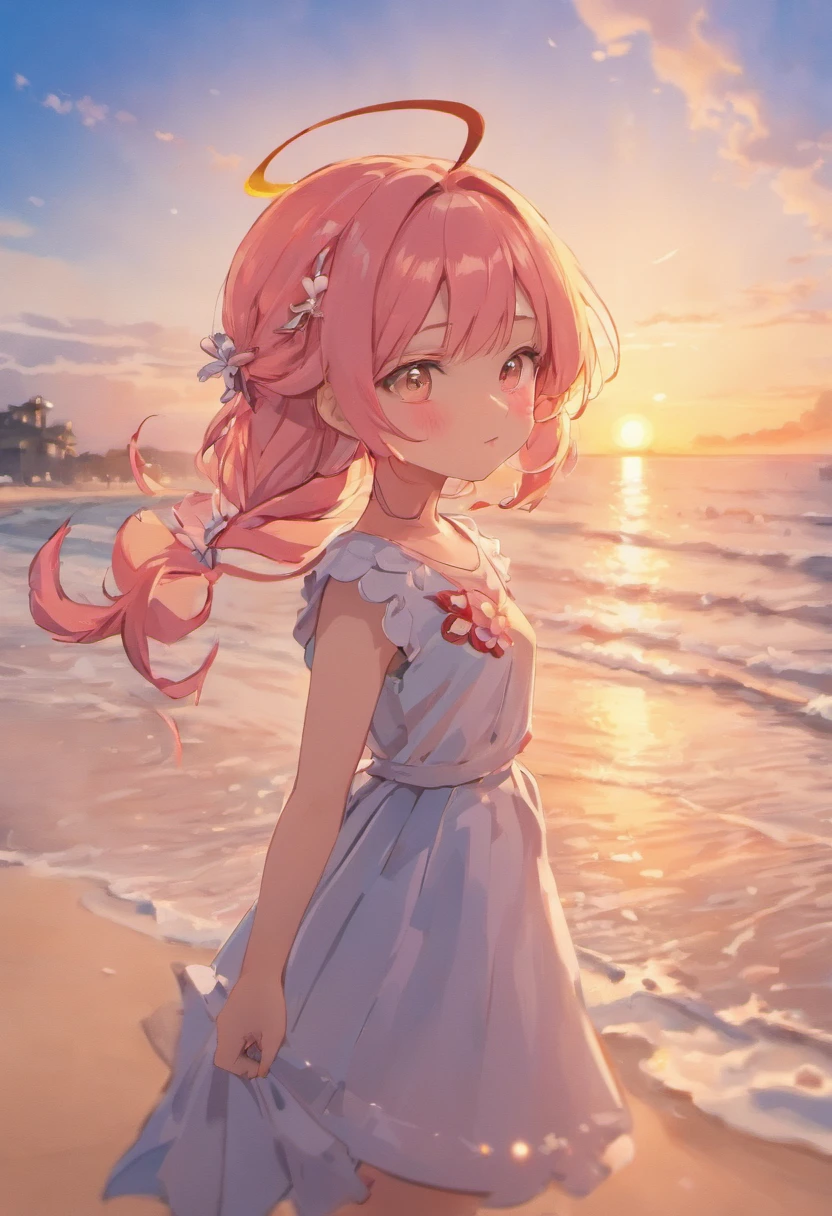origami dragon, little girl, sunset, beach, 8k, vibrant, clear image, 8k resolution, beautiful detailed eyes, beautiful detailed lips, extremely detailed eyes and face, long eyelashes, girl in an adorable dress, enjoying the gentle breeze, surrounded by soft sand, palm trees in the background, golden sun reflecting on the calm sea, warm shades of orange and pink filling the sky, masterpiece:1.2, ultra-detailed, realistic:1.37, HDR, UHD, studio lighting, ultra-fine painting, sharp focus, physically-based rendering, professional, vivid colors, bokeh