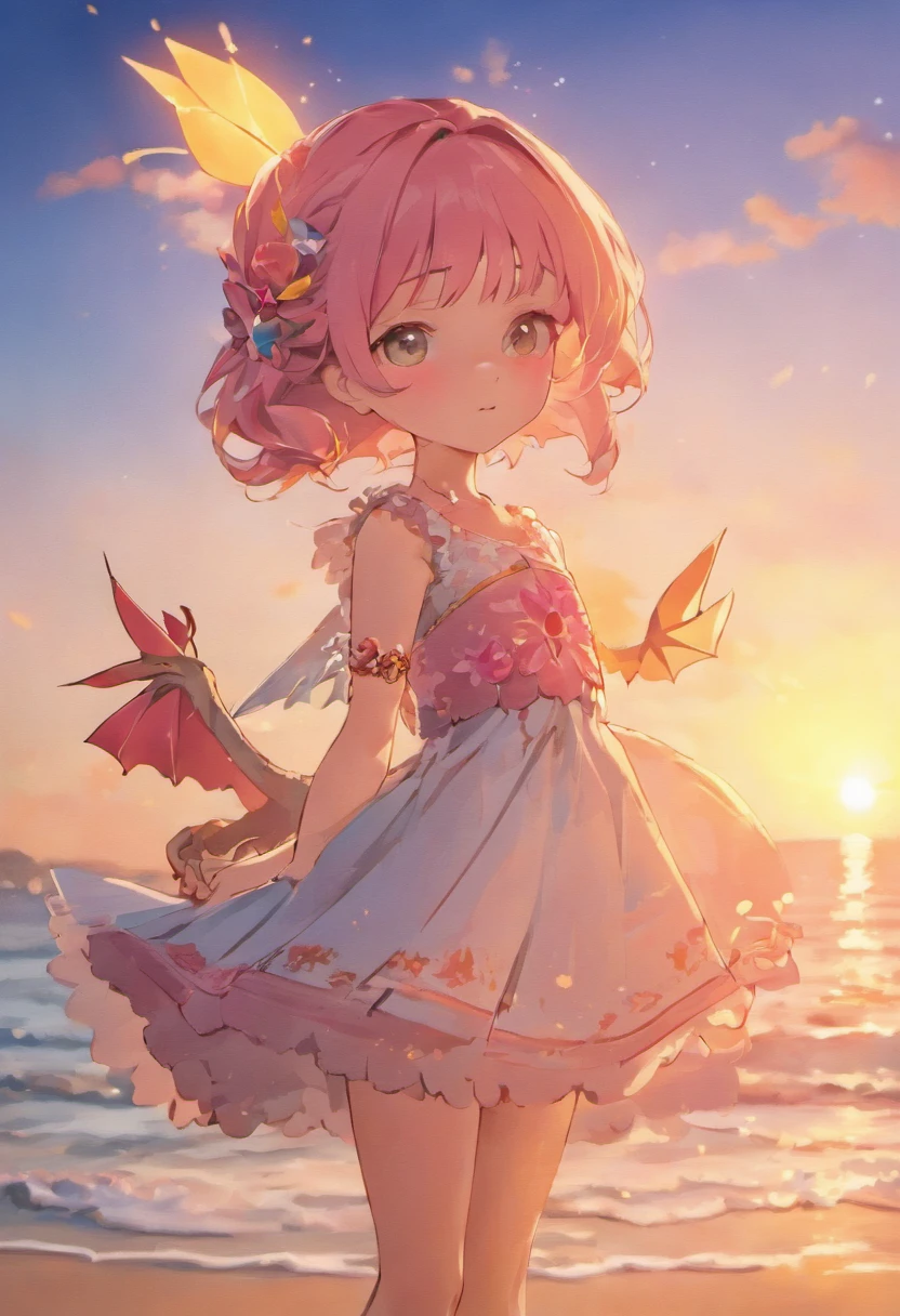 origami dragon, girl, sunset, beach, 8k, vibrant, clear image, 8k resolution, beautiful detailed eyes, beautiful detailed lips, extremely detailed eyes and face, long eyelashes, girl in an adorable dress, enjoying the gentle breeze, surrounded by soft sand, palm trees in the background, golden sun reflecting on the calm sea, warm shades of orange and pink filling the sky, masterpiece:1.2, ultra-detailed, realistic:1.37, HDR, UHD, studio lighting, ultra-fine painting, sharp focus, physically-based rendering, professional, vivid colors, bokeh