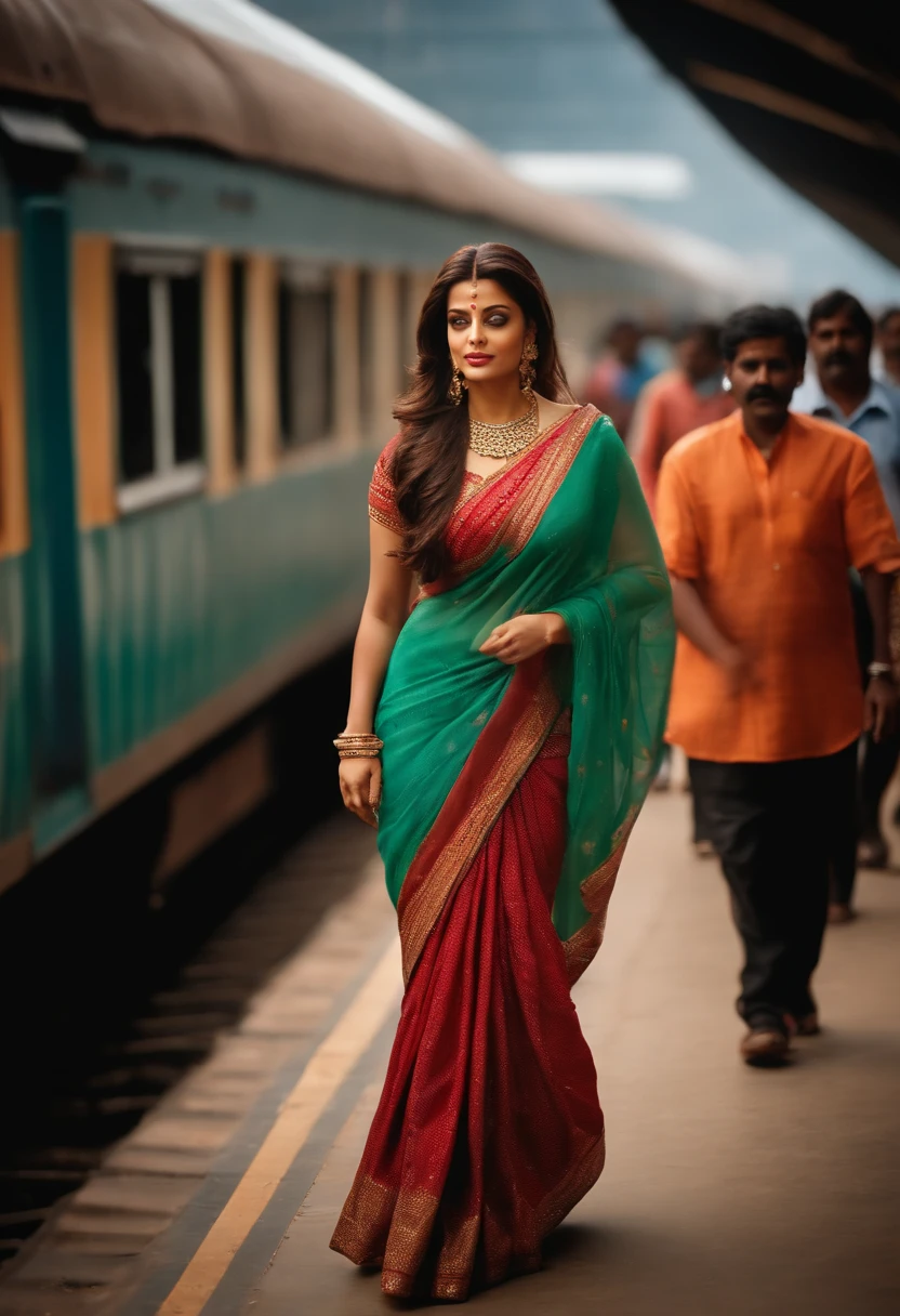 A portrait of a Aishwarya rai with saree, walking on the platform of railway station in india, walking beside the train, cinematic, realistic photo, very detailed