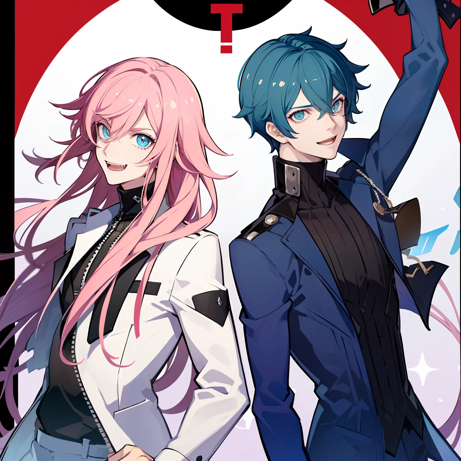 Evil twin Kisikilnas as a boy, Long pink hair, devious smile ,kisikilevil,  Evil twin Lila as a boy, long Blue hair, ((2boy s)), high quality, masterpiece, high Aesthetic , lillaevil, Phantom thieves , partners, dynamic poses