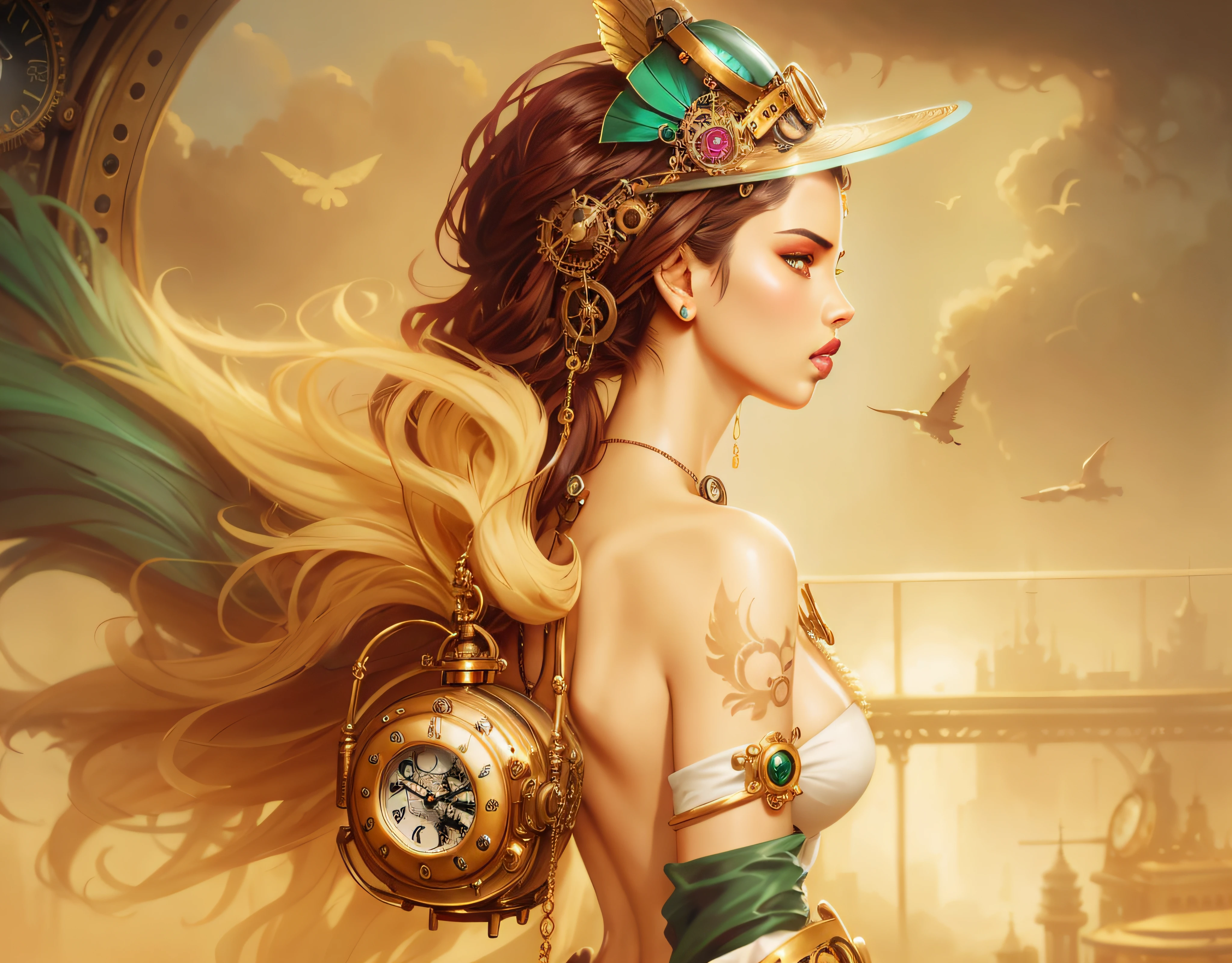 there is a woman (Adriana Lima :1.1) with a clock and a hat on, a steampunk beautiful goddess, steampunk fantasy style, steampunk beautiful anime woman, karol bak uhd, artgerm julie bell beeple, steampunk fantasy, artgerm detailed, style ivan talavera and artgerm, steampunk pin-up girl, artgerm style, digital steampunk art